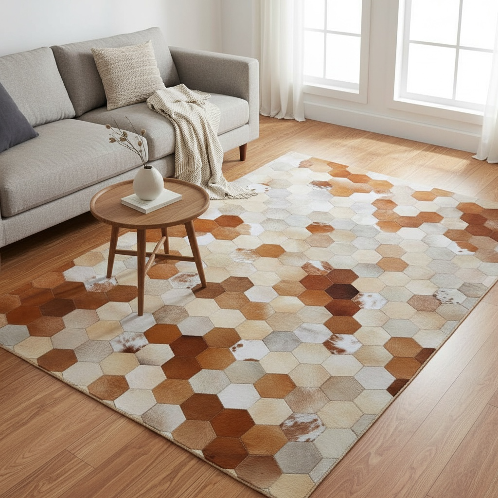 Brown & Cream Patchwork Cowhide Rug – Leather Area Rug,Living Room Decor