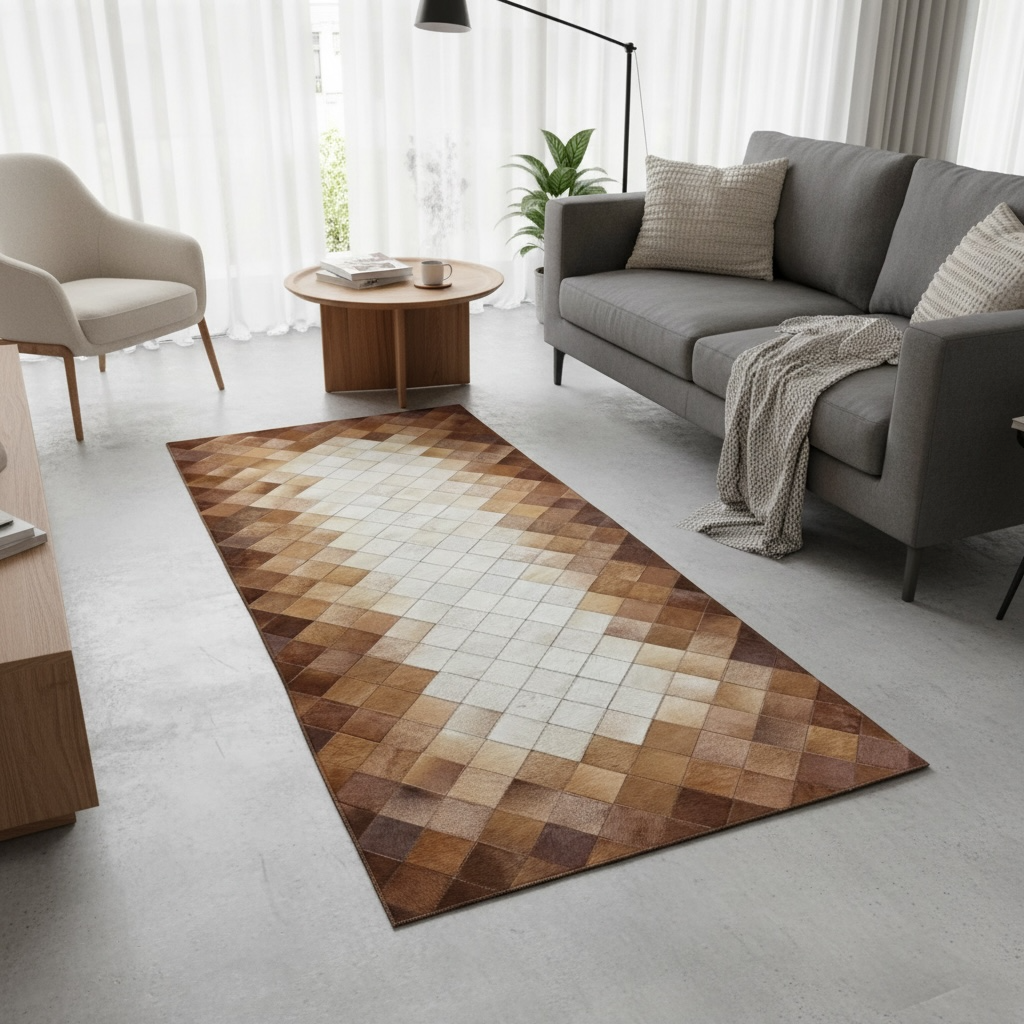 Brown Cowhide Runner Rug, Patchwork Leather Carpet, Modern Brown Hallway
