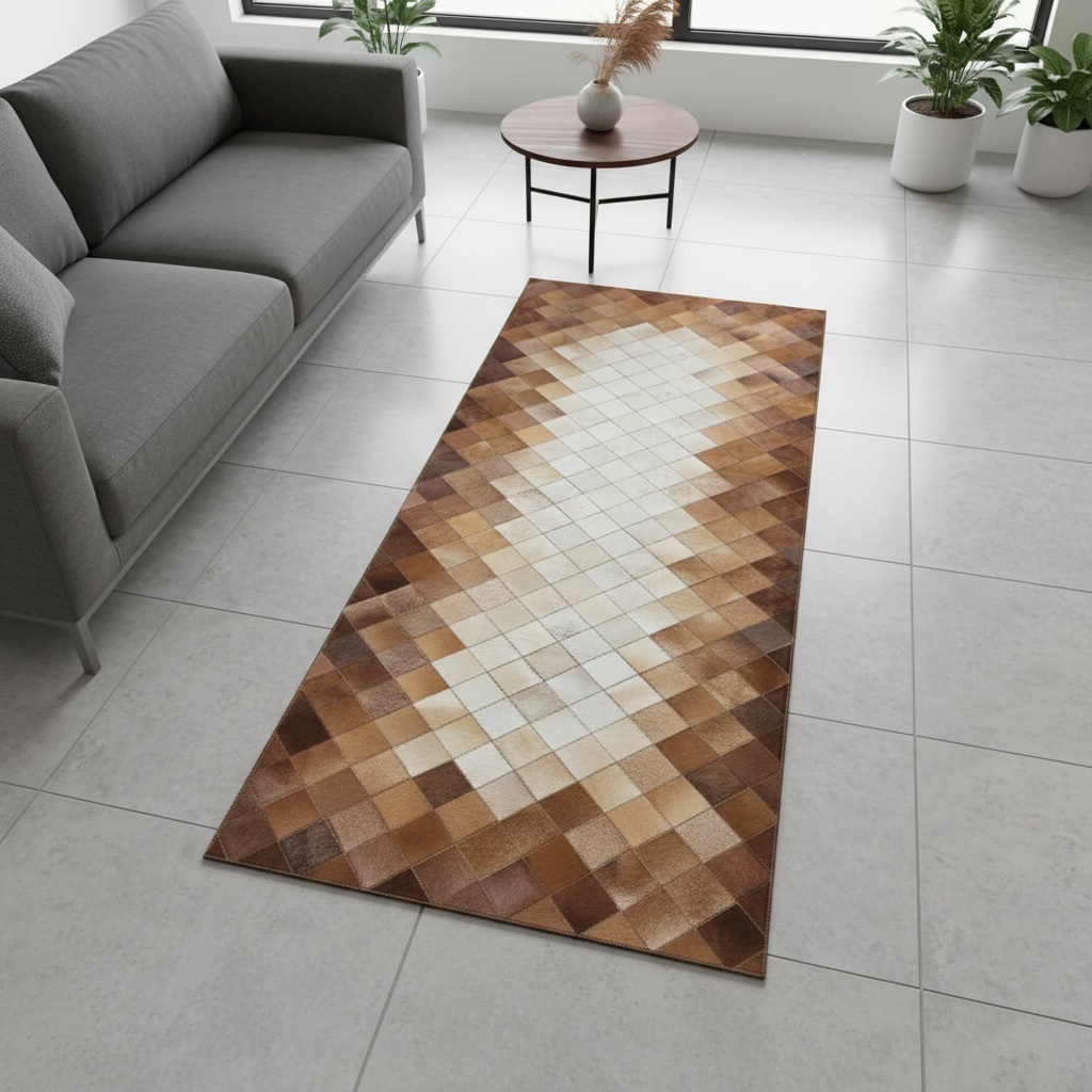 Brown Cowhide Runner Rug, Patchwork Leather Carpet, Modern Brown Hallway