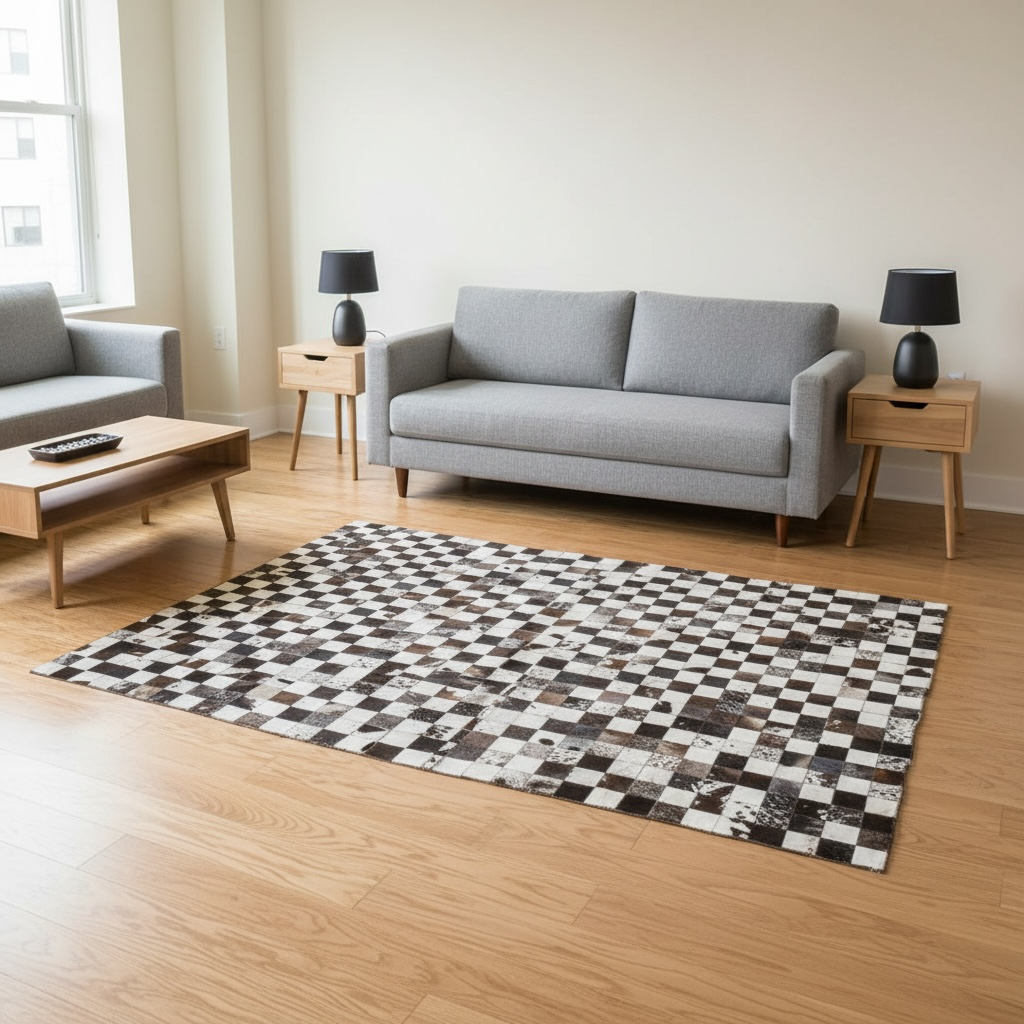 Cowhide Area Rug, Genuine Leather Patchwork, Brown Checkerboard Rug
