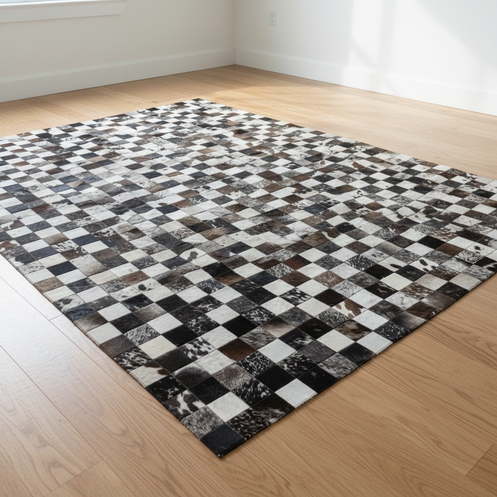 Cowhide Area Rug, Genuine Leather Patchwork, Brown Checkerboard Rug