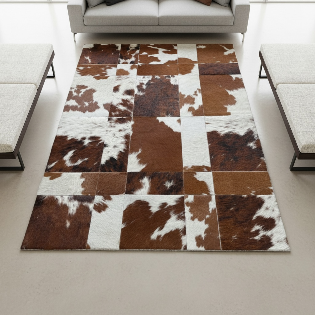 Brown and White Patchwork Cowhide Rug, Geometric Hair-on-Hide Area Rug