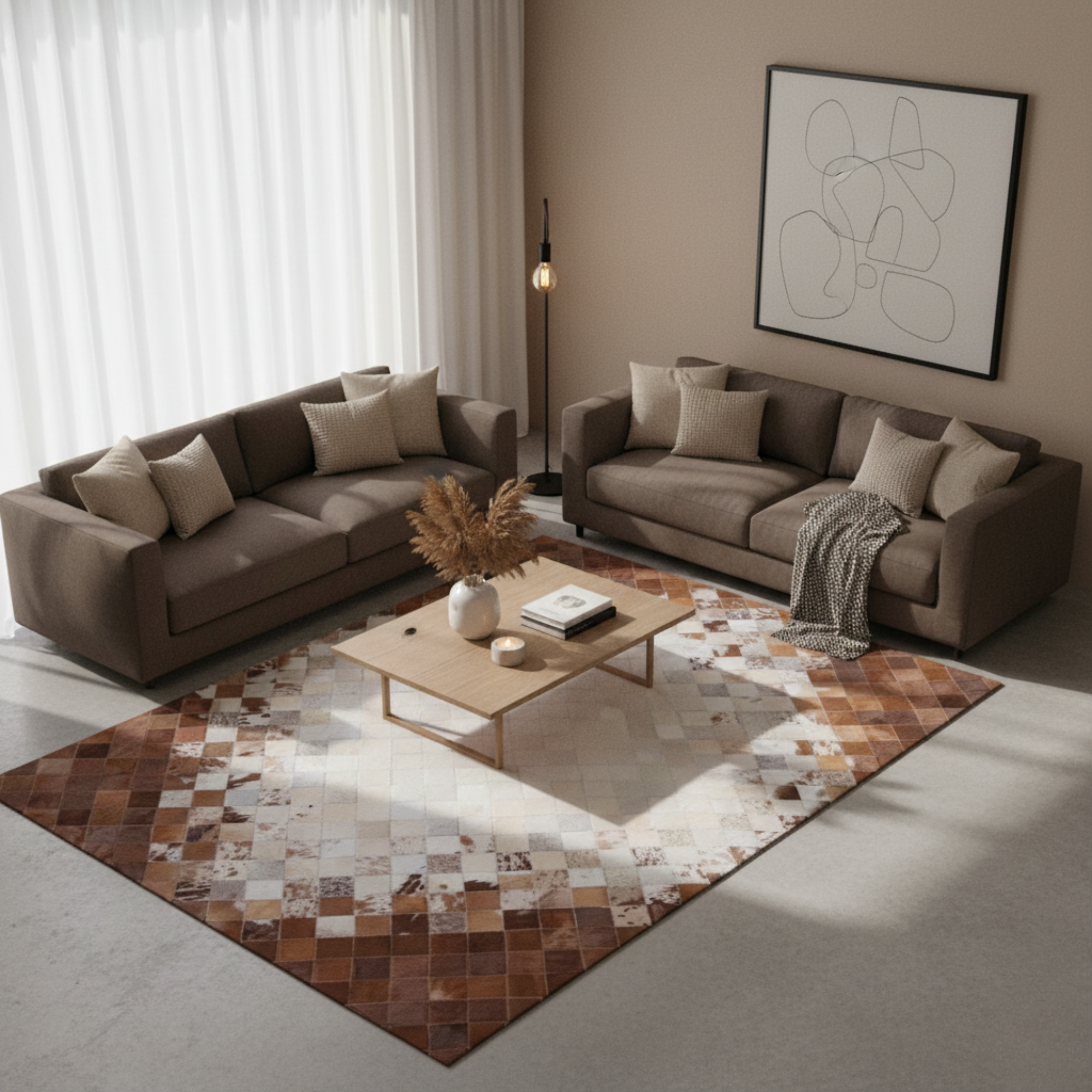 Brown Cowhide Patchwork Rug – Natural Genuine Cowhide, Handcrafted Luxury, Custom Size Area Rug