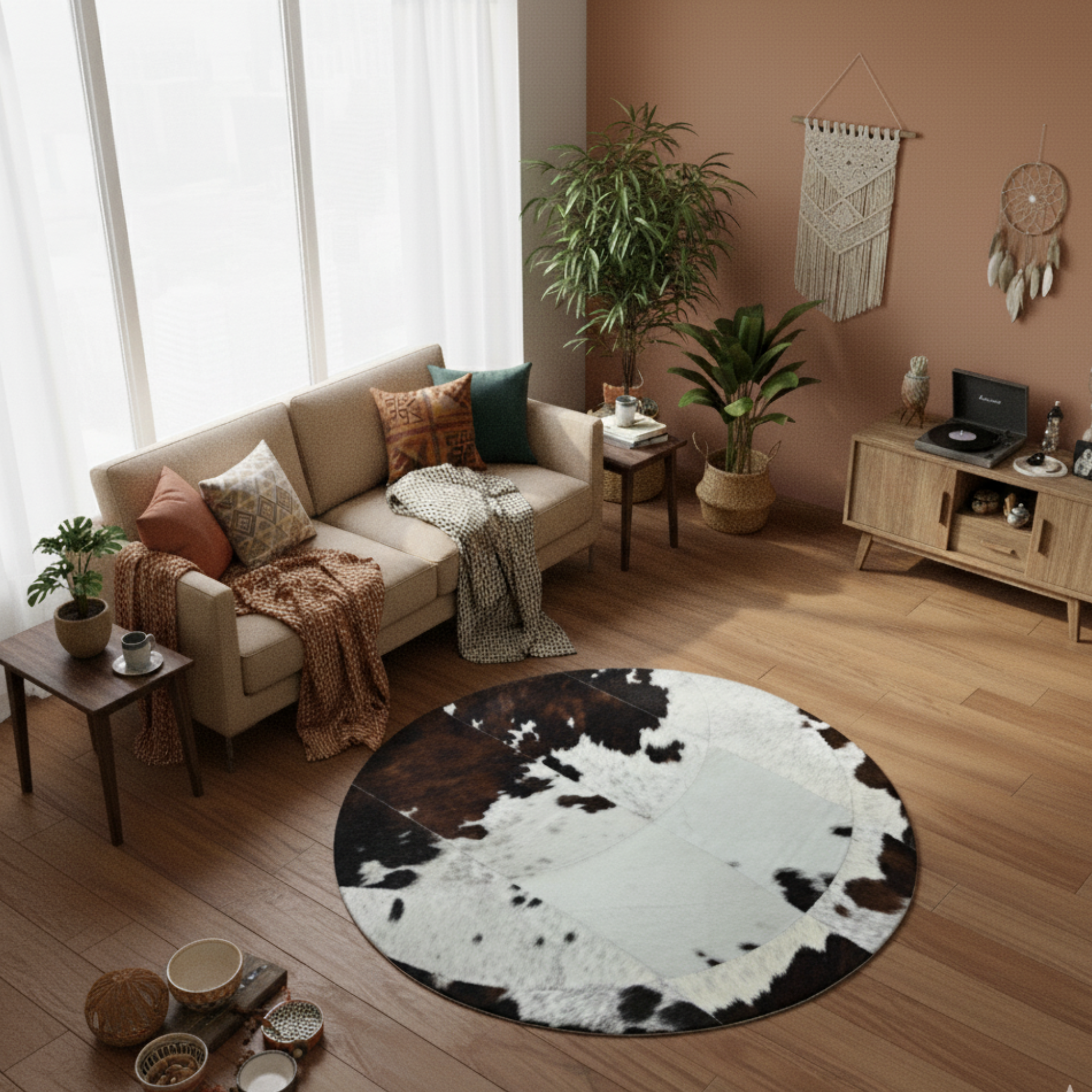 Round Patchwork Cowhide Rug – Handmade Natural Leather Area Carpet, Moon Design