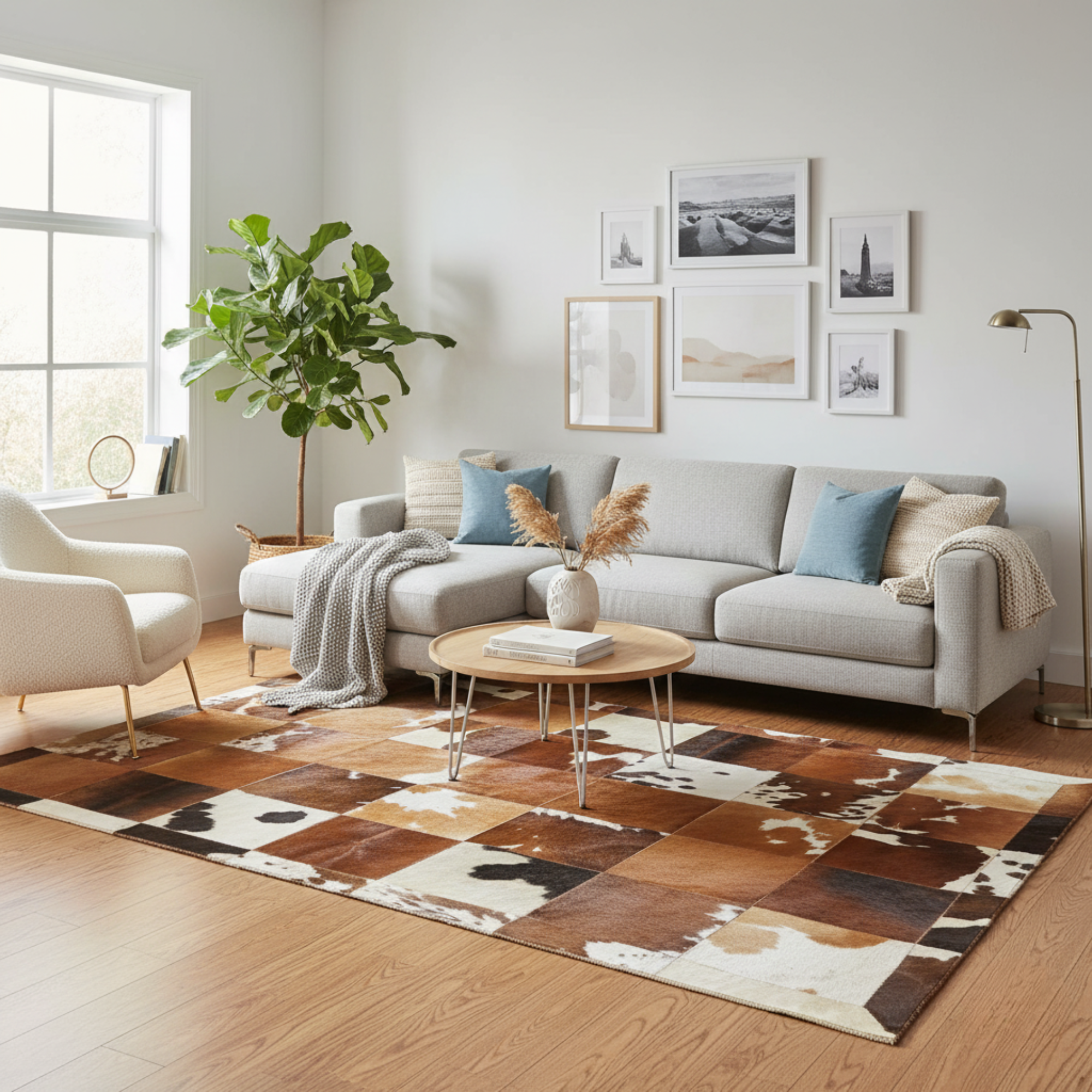 Genuine Cowhide Tricolor Patchwork Rug