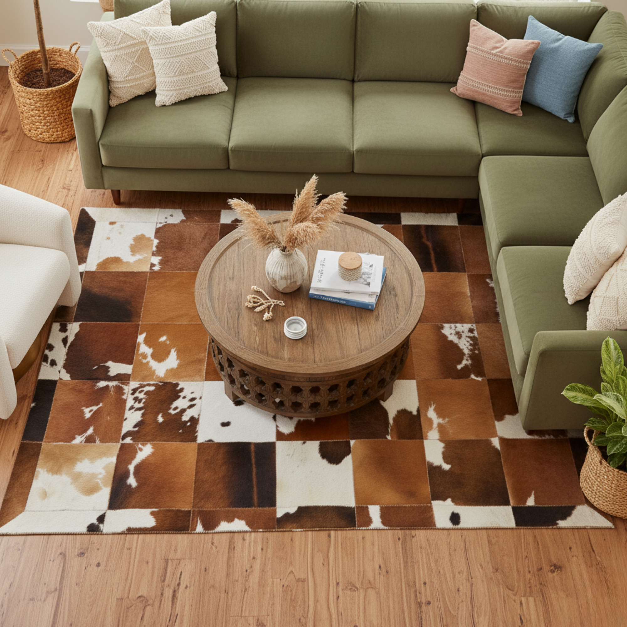 Genuine Cowhide Tricolor Patchwork Rug