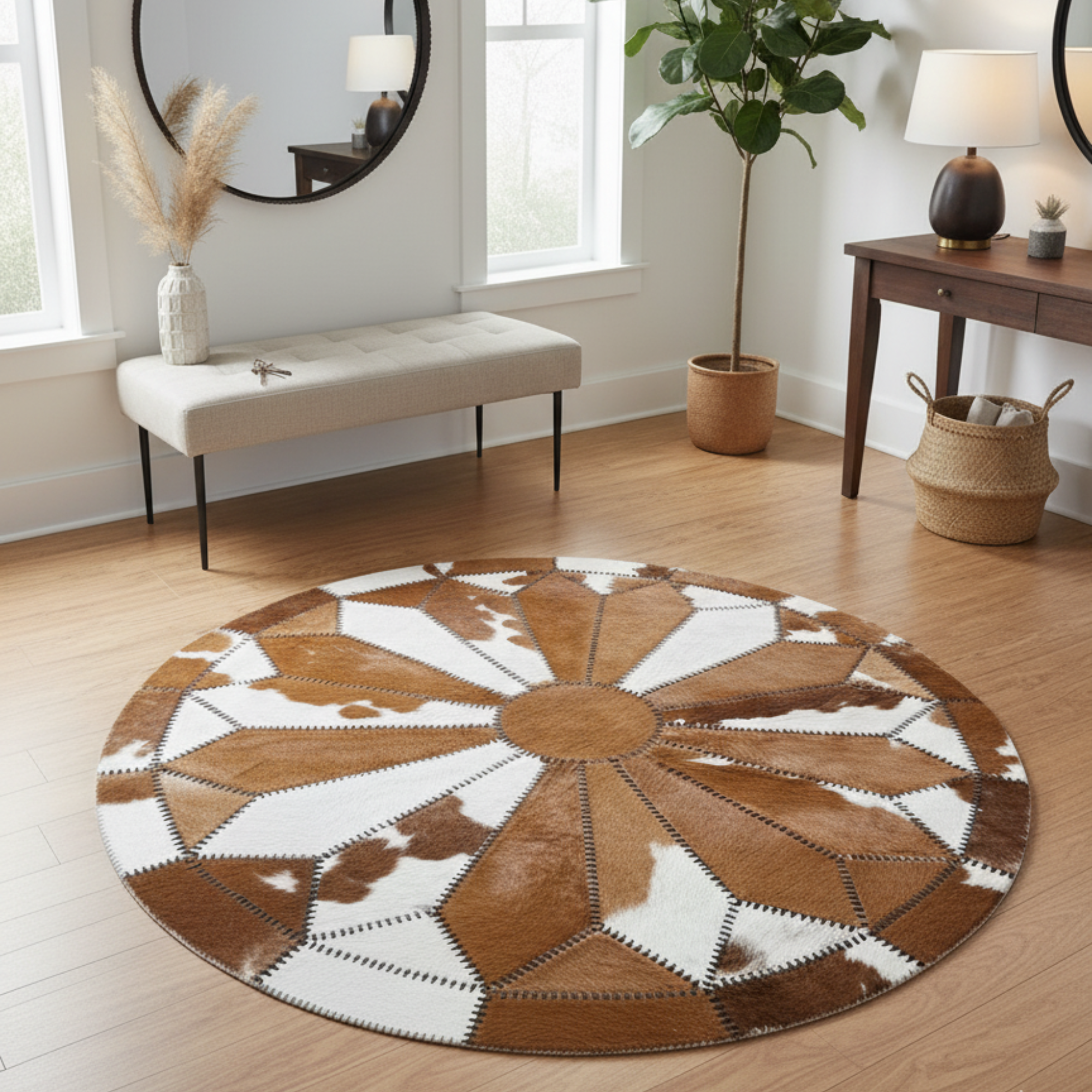 Round Cowhide Rug – Brown and White Patchwork Leather Circle Carpet