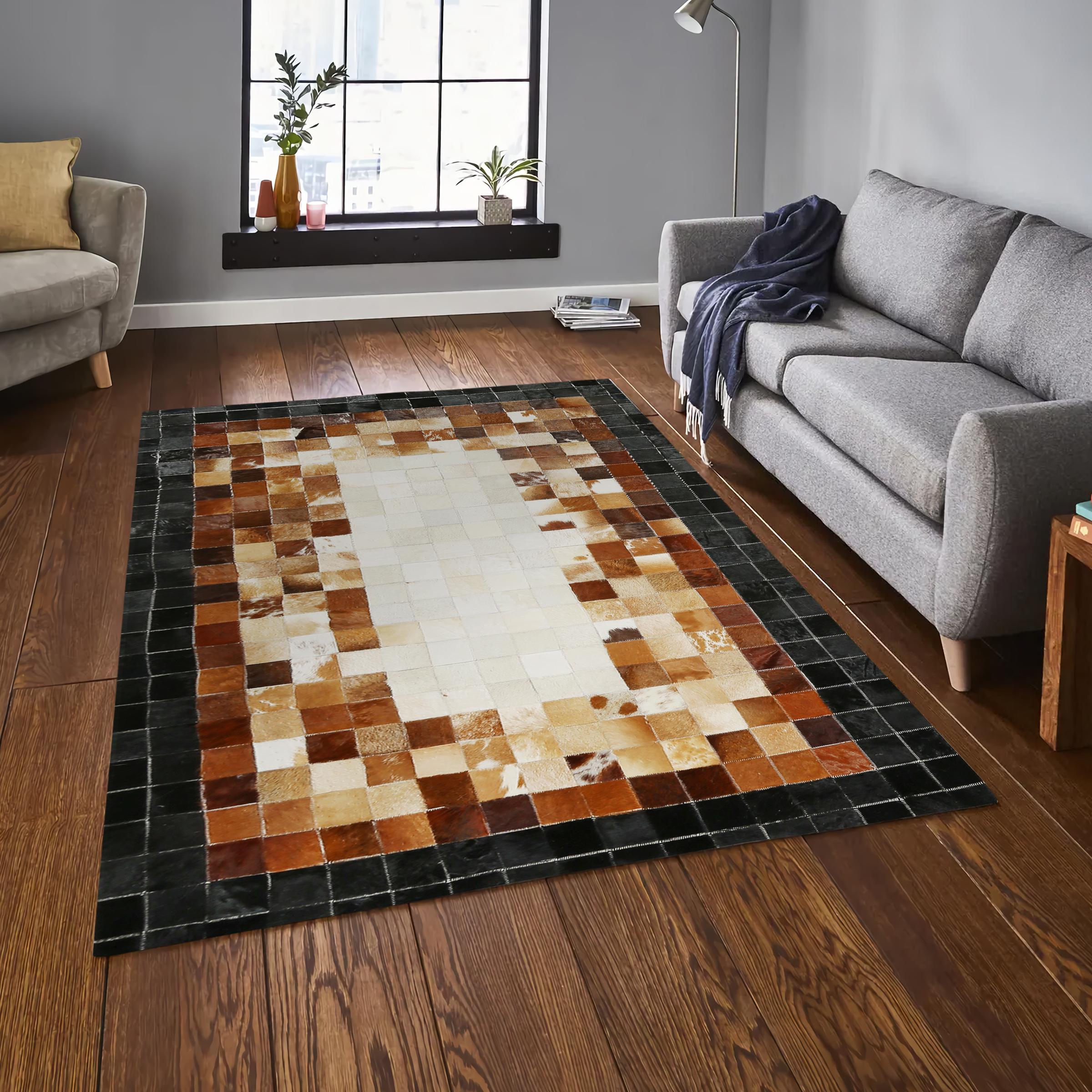 Natural Cowhide Black and Brown Patchwork Rug, Luxury Area Rug