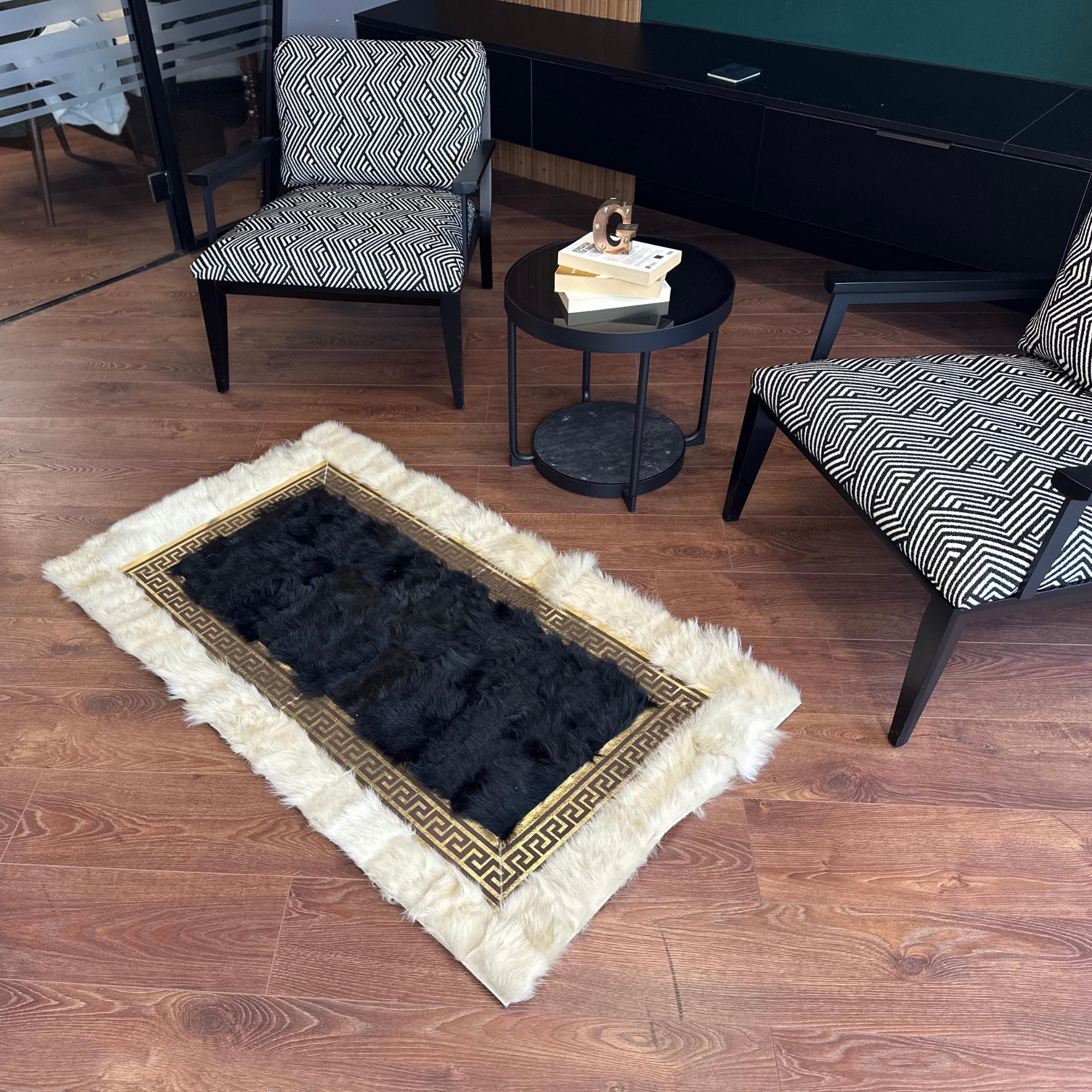 Black Tuscan Rectangular Rug with Gold Border and Cream Fur Frame – Handmade Luxury Genuine Tuscan Fur Carpet, Custom Size Elegant Rug