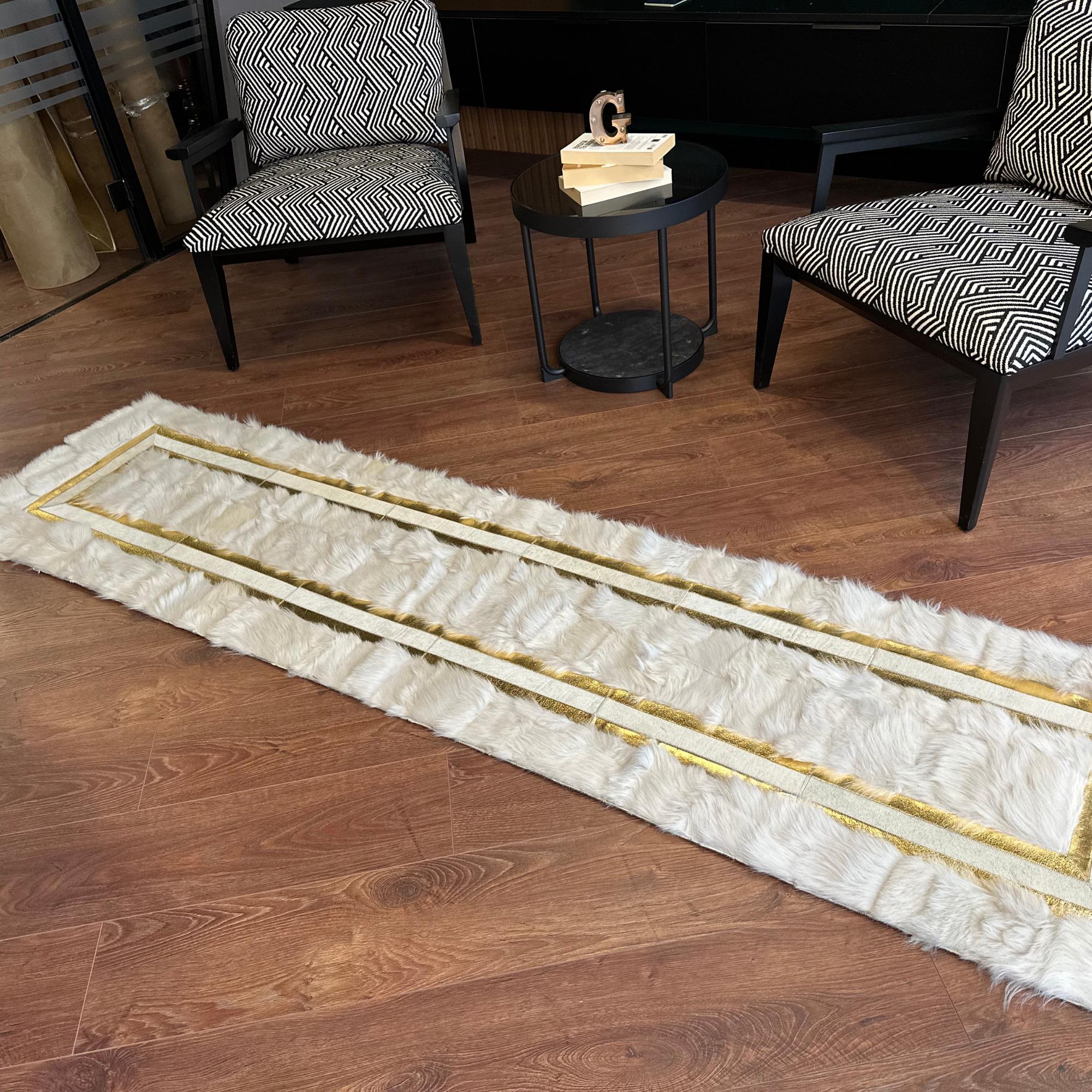 Gray Tuscan Fur Runner Rug with Gold Border – Handmade Long Hallway Carpet, Luxury Genuine Tuscan Fur, Custom Size Elegant Entryway Runner