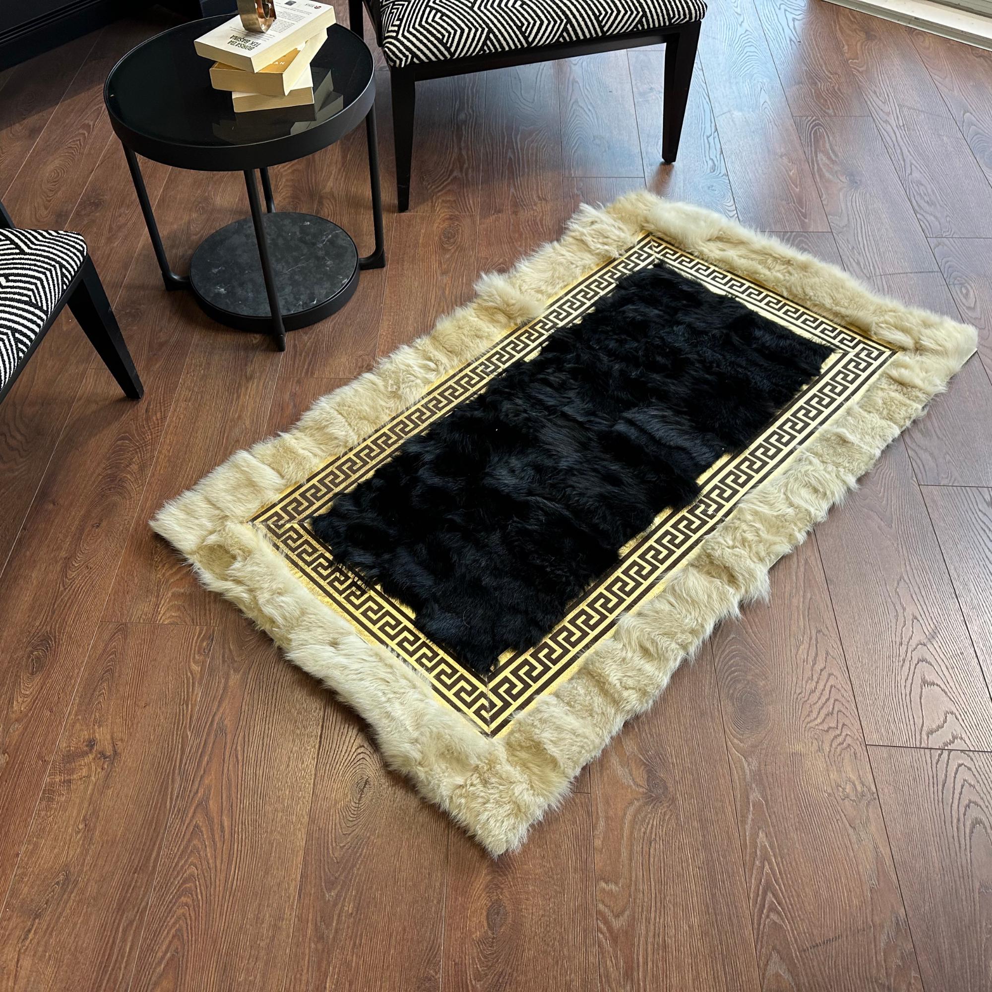 Black Tuscan Rectangular Rug with Gold Border and Cream Fur Frame – Handmade Luxury Genuine Tuscan Fur Carpet, Custom Size Elegant Rug