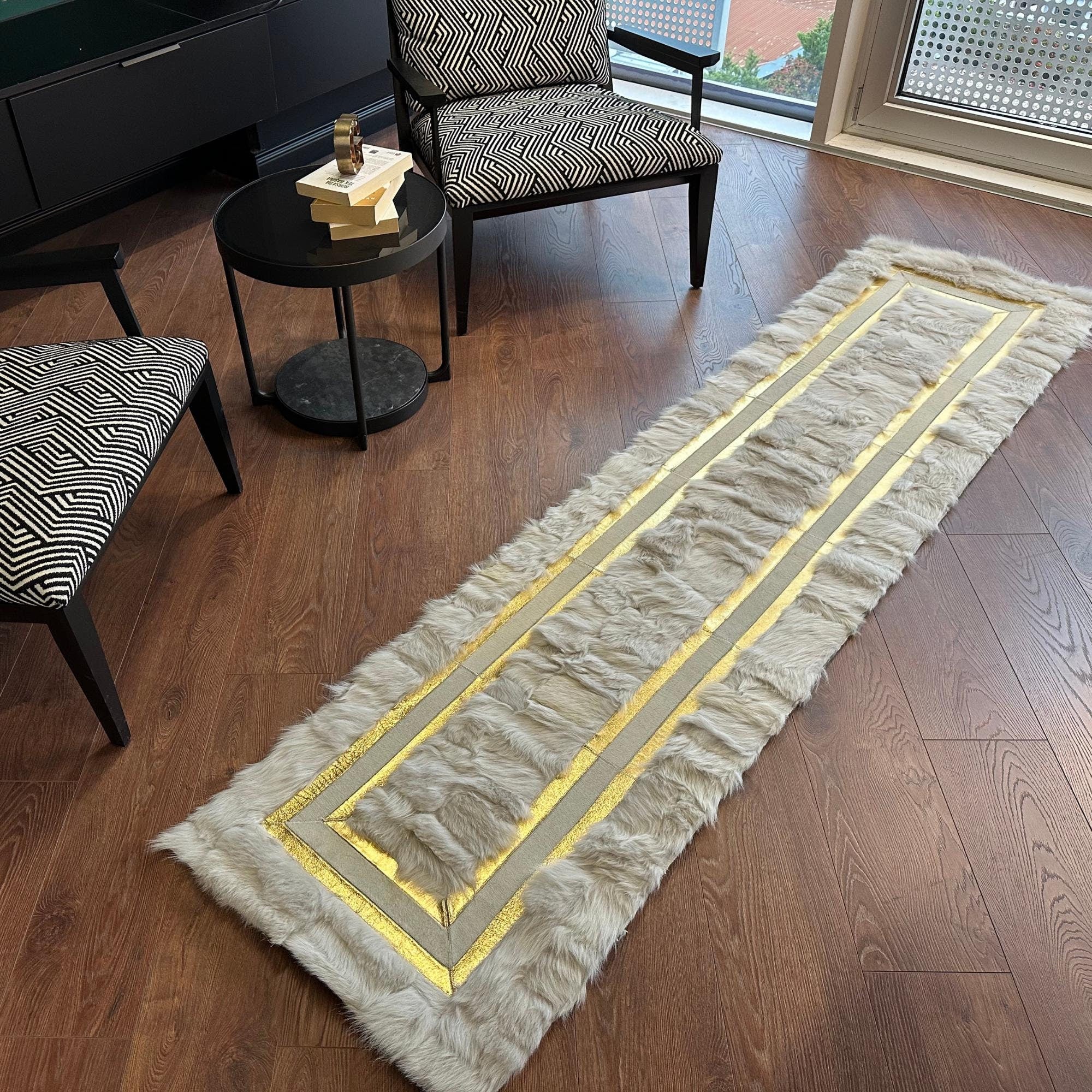 Gray Tuscan Fur Runner Rug with Gold Border – Handmade Long Hallway Carpet, Luxury Genuine Tuscan Fur, Custom Size Elegant Entryway Runner