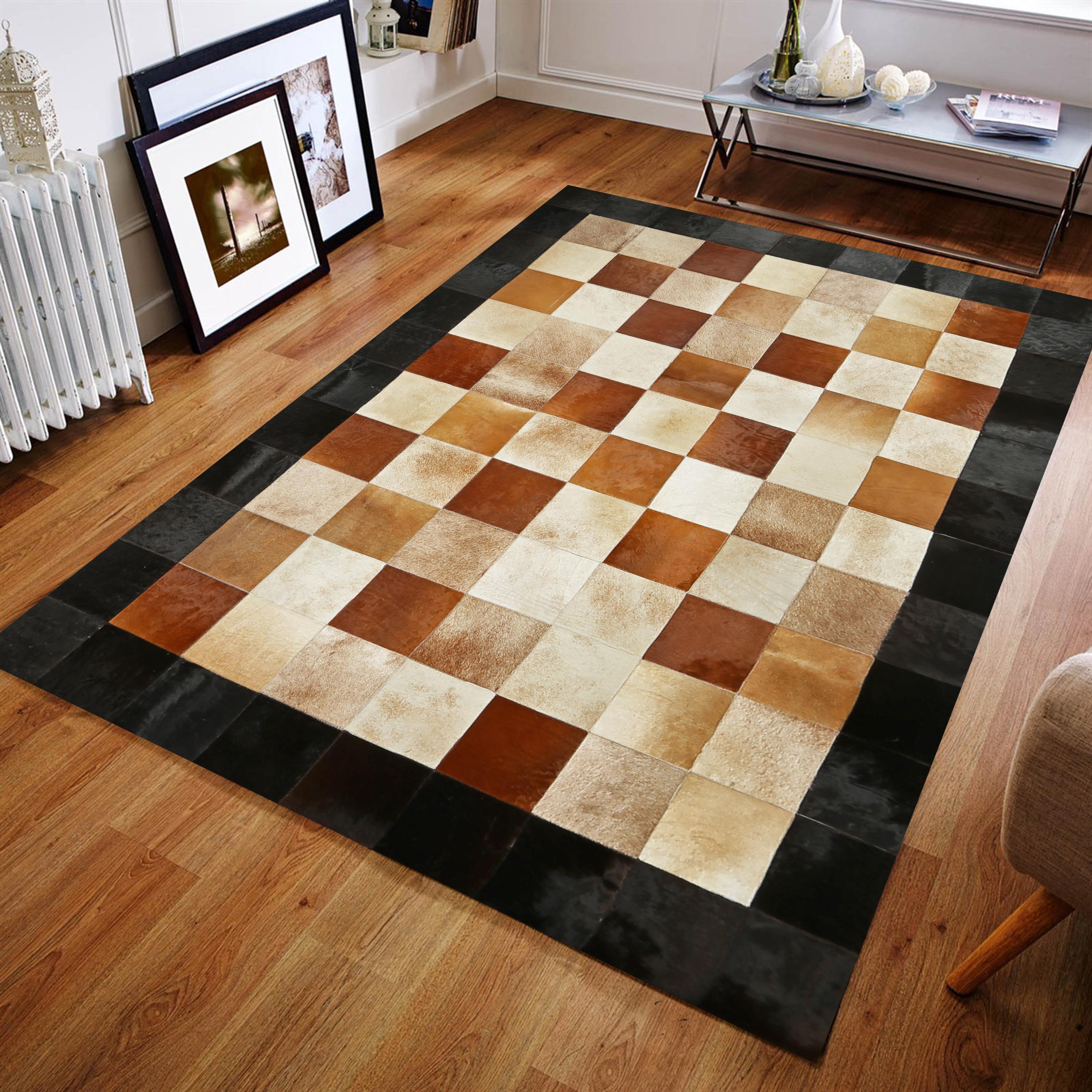 Checkered Cowhide Rug with Black Border