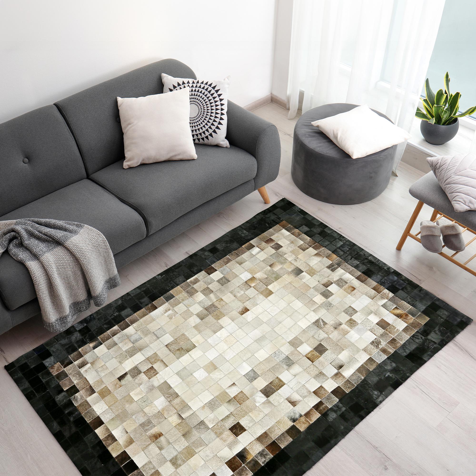 Gray Beige and Black Border Cowhide Patchwork Rug, Handmade Genuine Leather Area Carpet, Natural Cowhide Rug for Modern Living Room