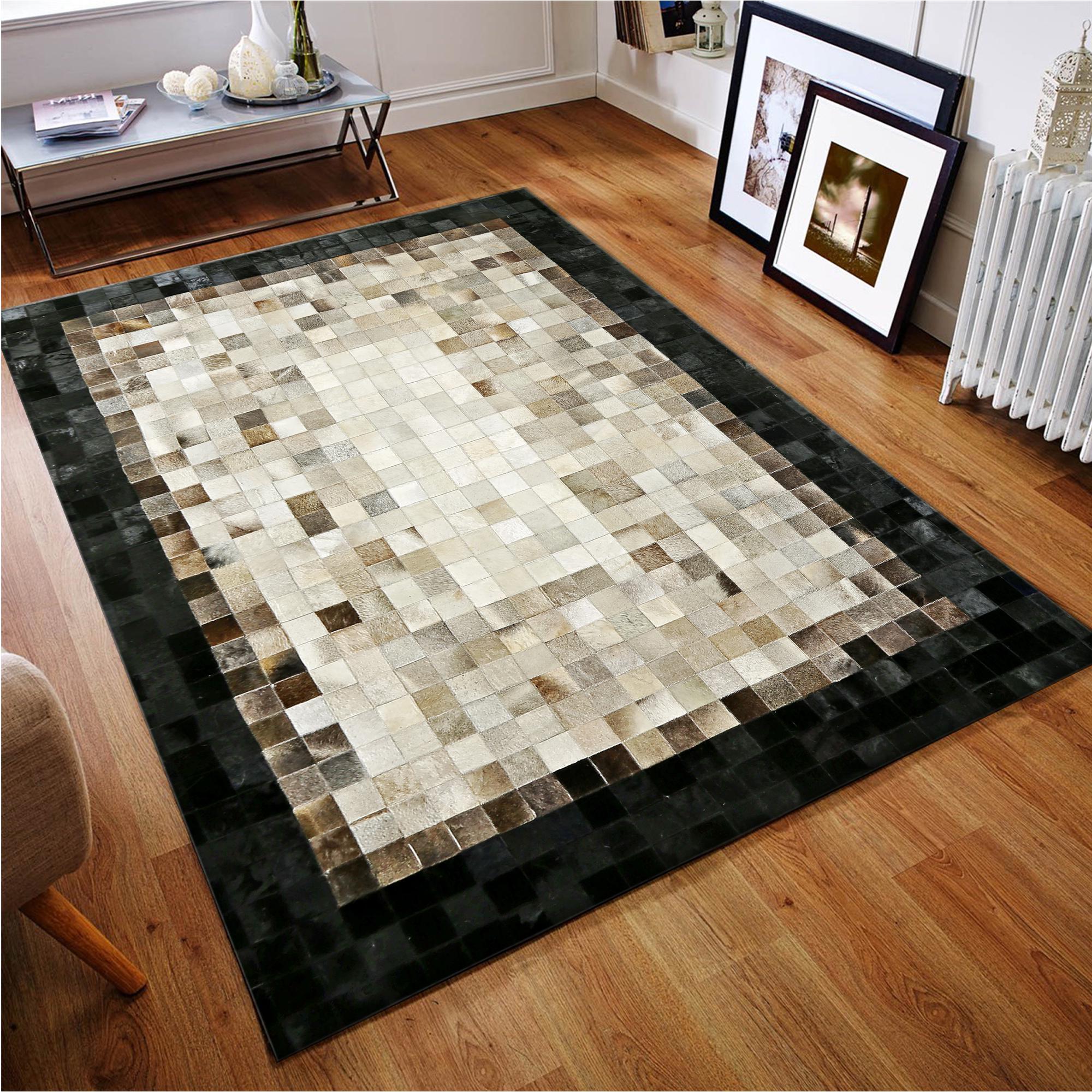 Gray Beige and Black Border Cowhide Patchwork Rug, Handmade Genuine Leather Area Carpet, Natural Cowhide Rug for Modern Living Room