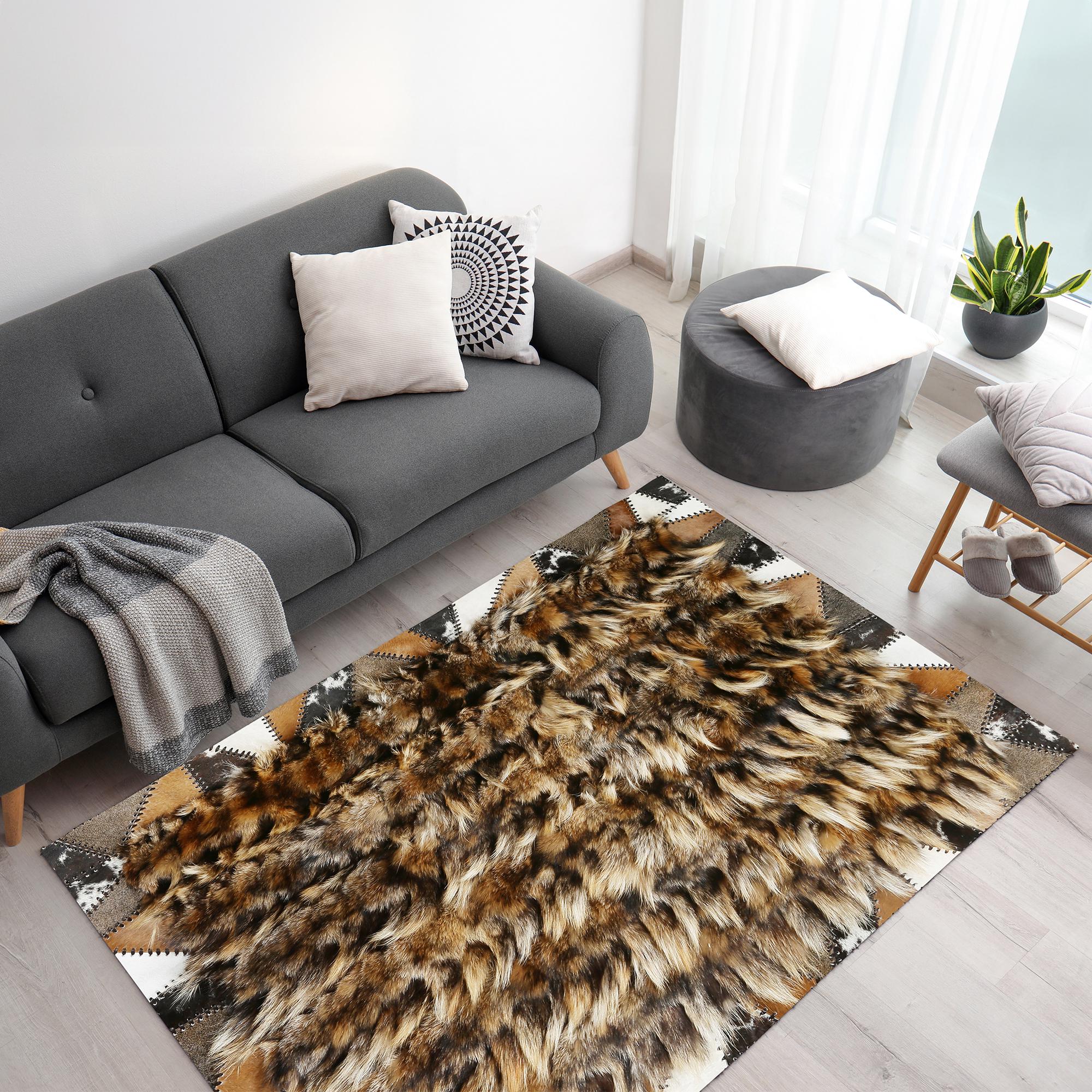 Natural Fox Fur Rug – Handmade Luxury Brown Black Fur Carpet, Unique Rectangular Decorative Rug, Custom Size Living Room Accent Piece