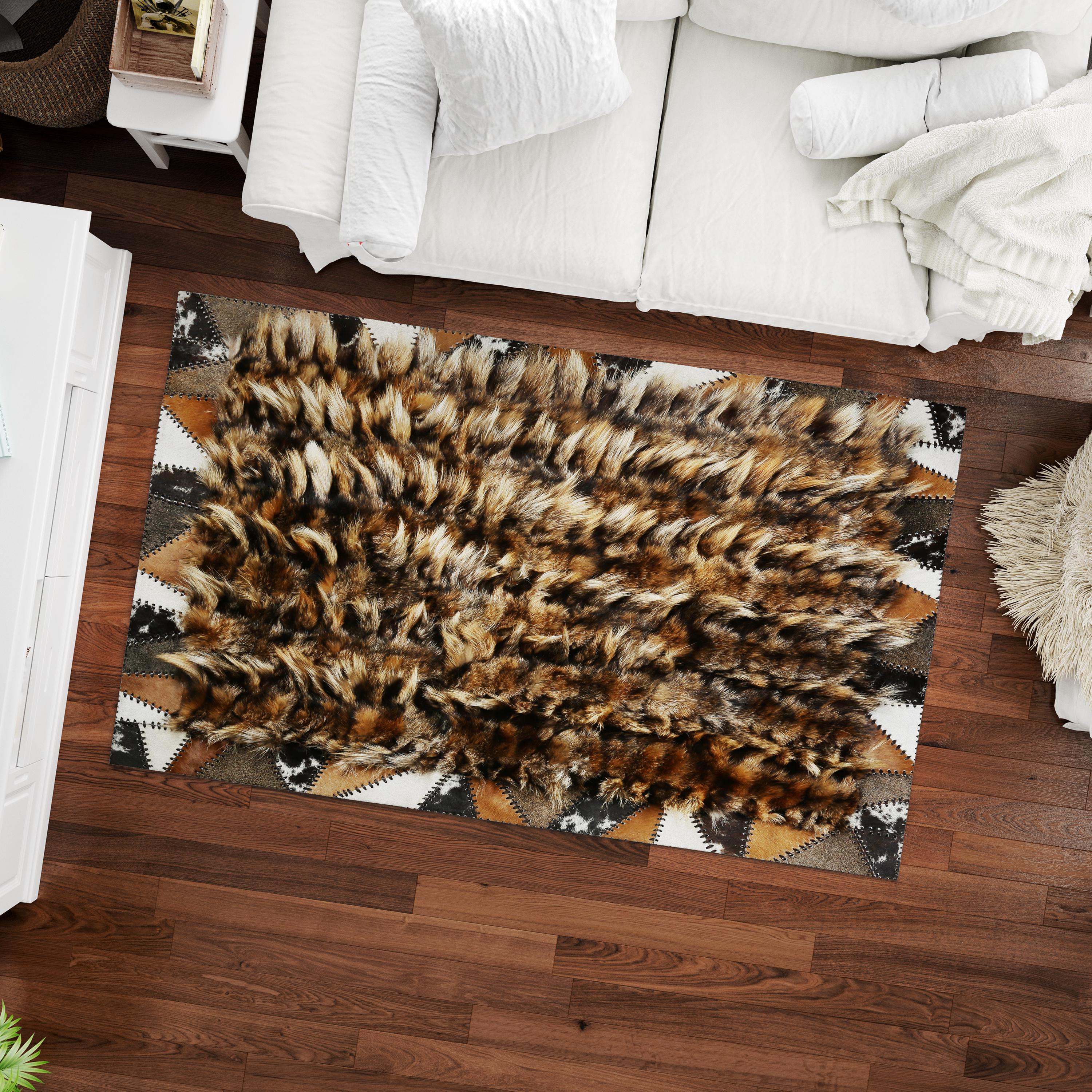 Natural Fox Fur Rug – Handmade Luxury Brown Black Fur Carpet, Unique Rectangular Decorative Rug, Custom Size Living Room Accent Piece
