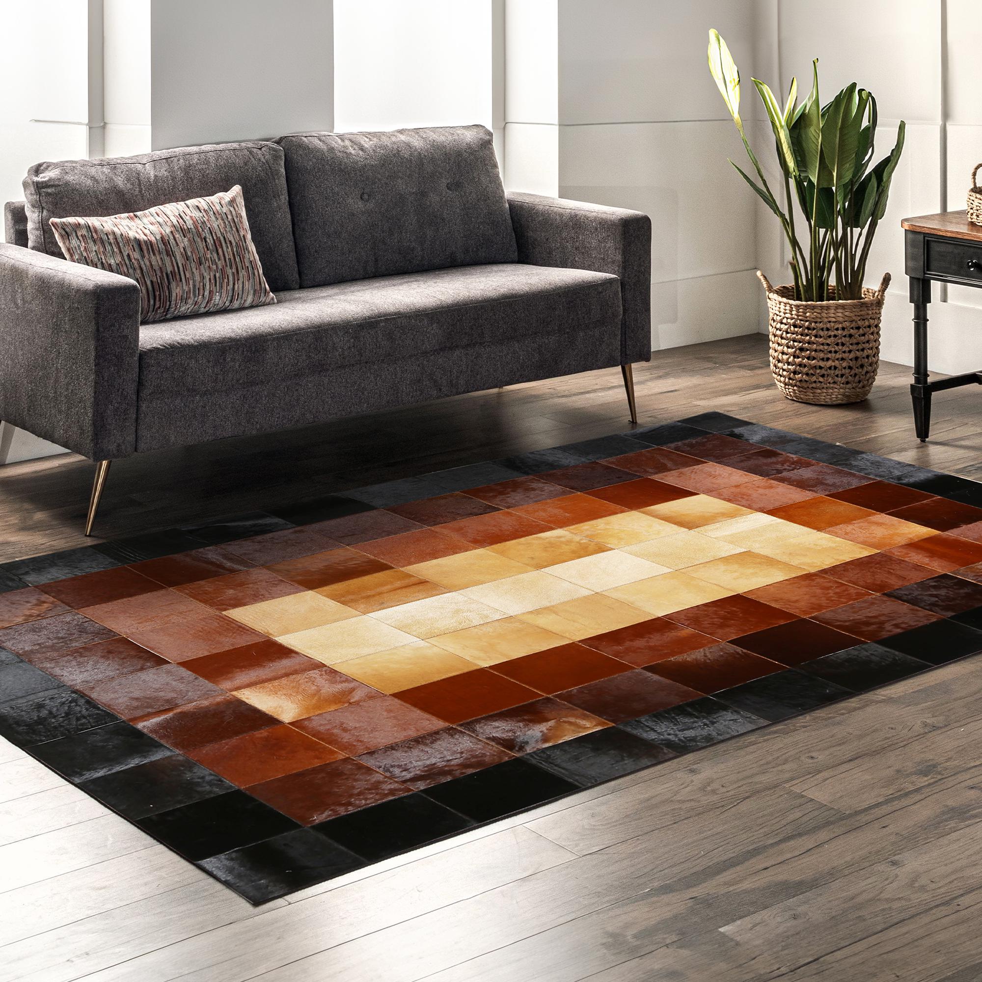 Checkered Pattern Black and Brown Cowhide Patchwork Rug