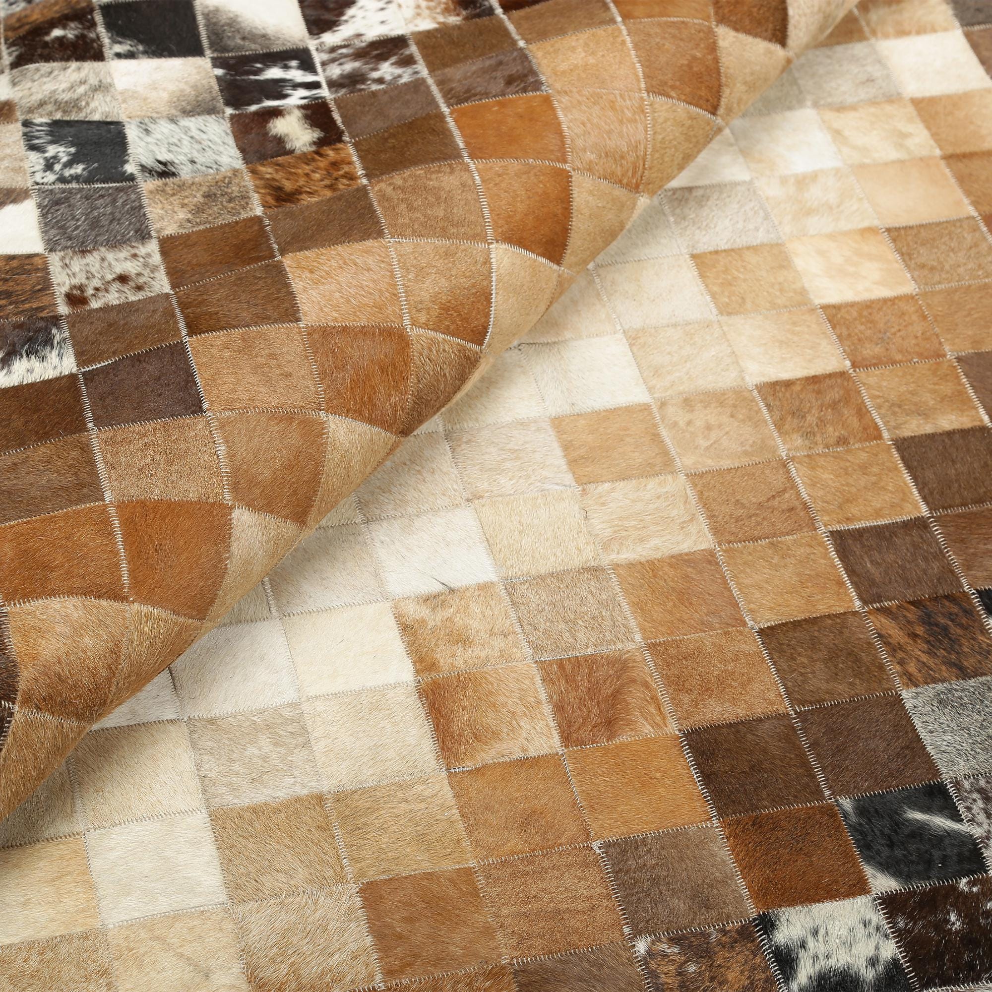 Brown Cowhide Geometric Patchwork Carpet