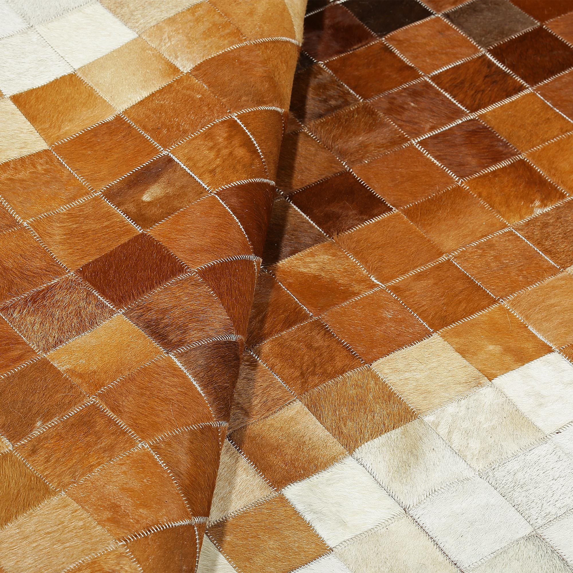 Cream & Brown Patchwork Calfskin Carpet, Handmade Cowhide Rug