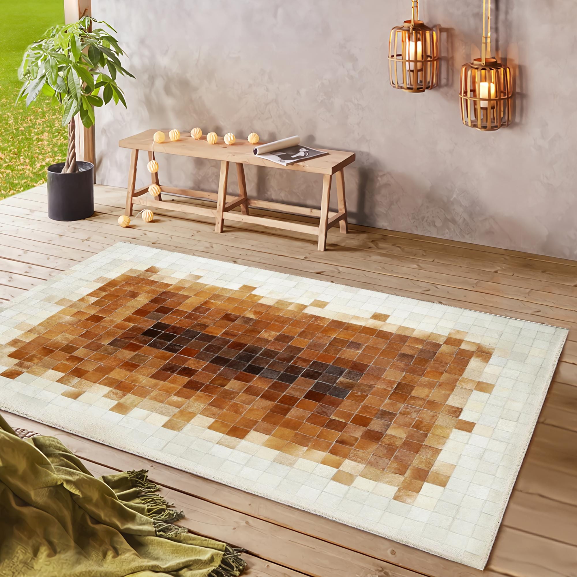 Cream & Brown Patchwork Calfskin Carpet, Handmade Cowhide Rug