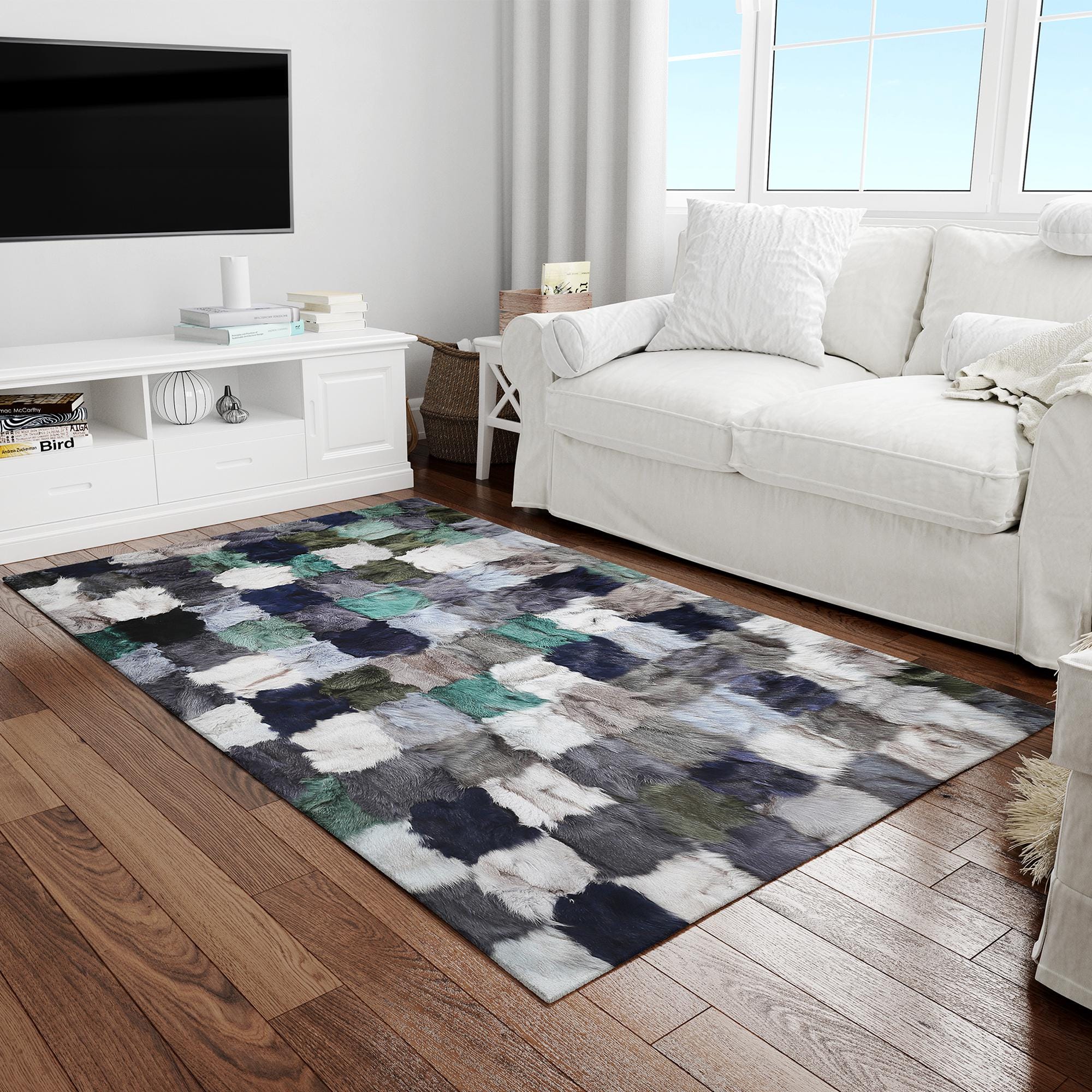 Patchwork Rex Rabbit Fur Rug – Handmade Multicolor Area Rug with Green, Navy, Grey & White Tones, Custom Size Luxury Soft Fur Carpet