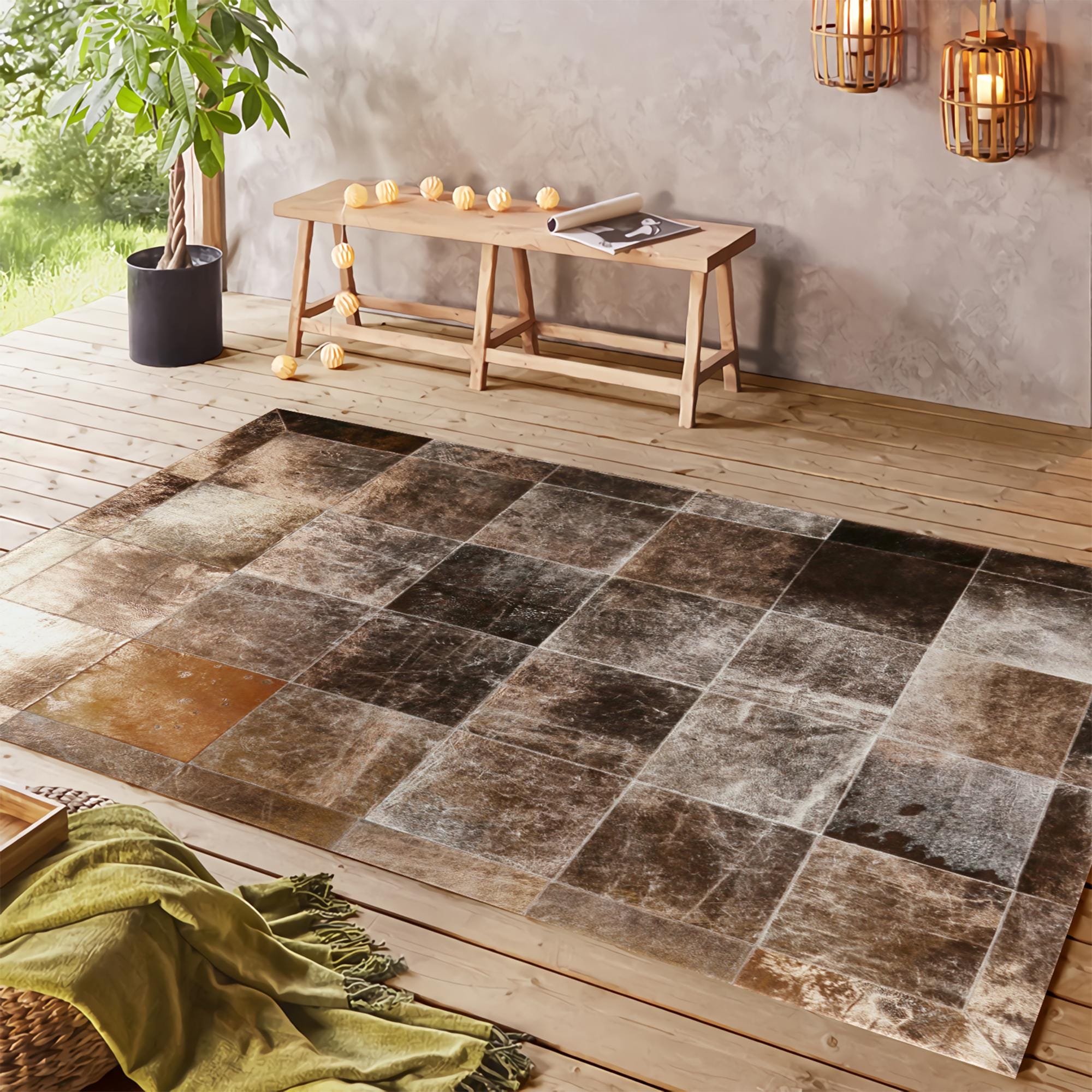 Bronze Leaf Natural Cowhide Patchwork Rug, Luxury Living Room Carpet