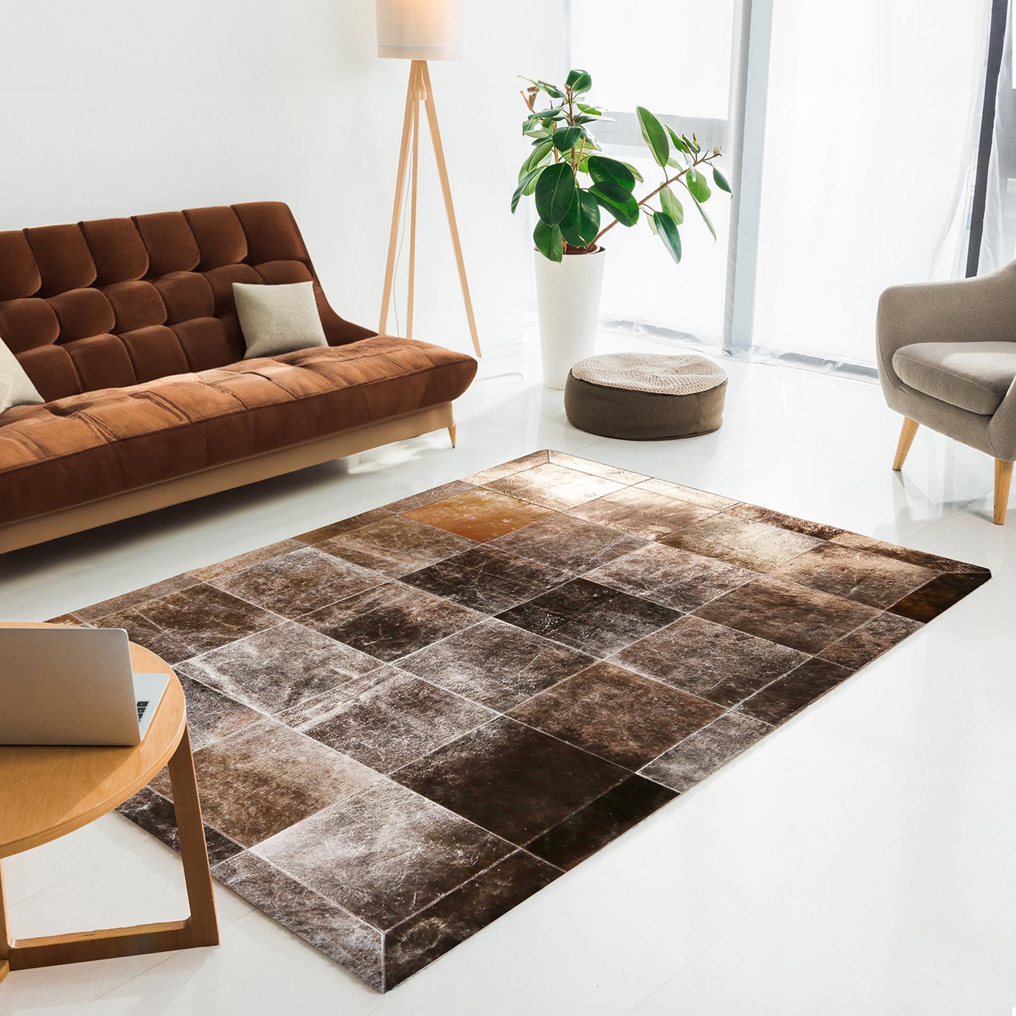 Bronze Leaf Natural Cowhide Patchwork Rug, Luxury Living Room Carpet