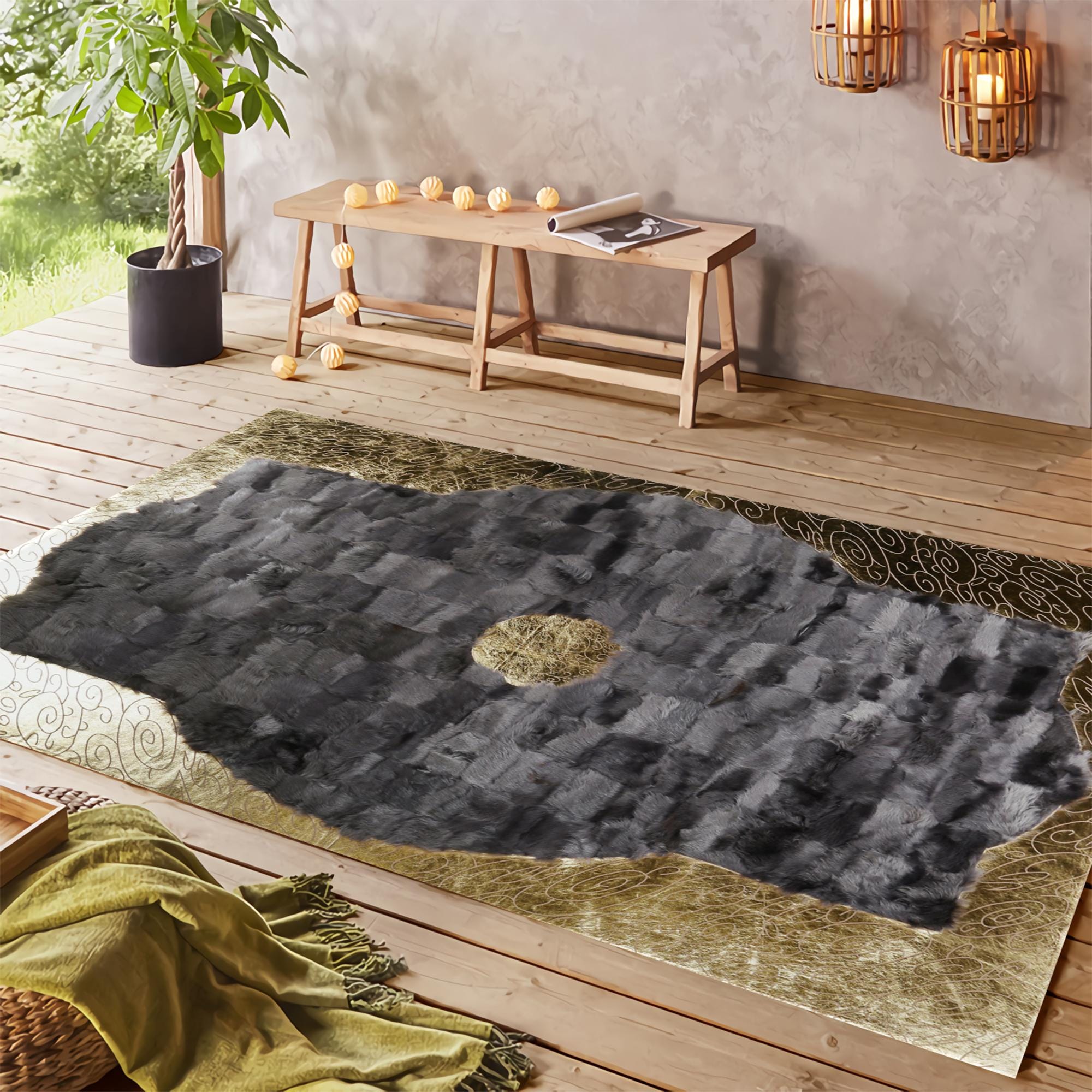 Black Tuscan Leather Rug with Gold Swirl Border – Handmade Luxury Rug, Custom Size Genuine Tuscan Leather Carpet for Modern Living Room