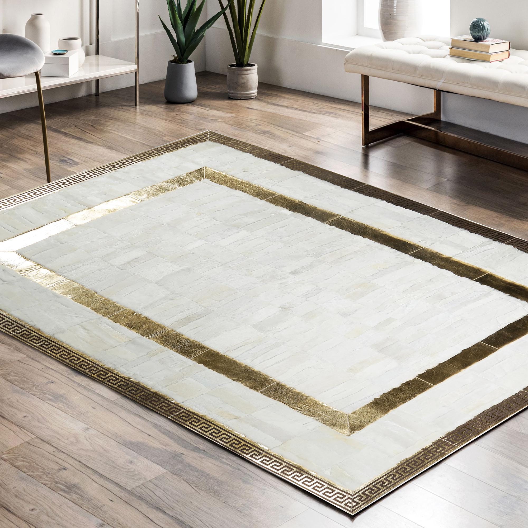 White Tuscan Fur Area Rug with Gold Border – Handmade Genuine Luxury Fur Carpet, Custom Size Elegant Living Room Rug, Modern Designer Style