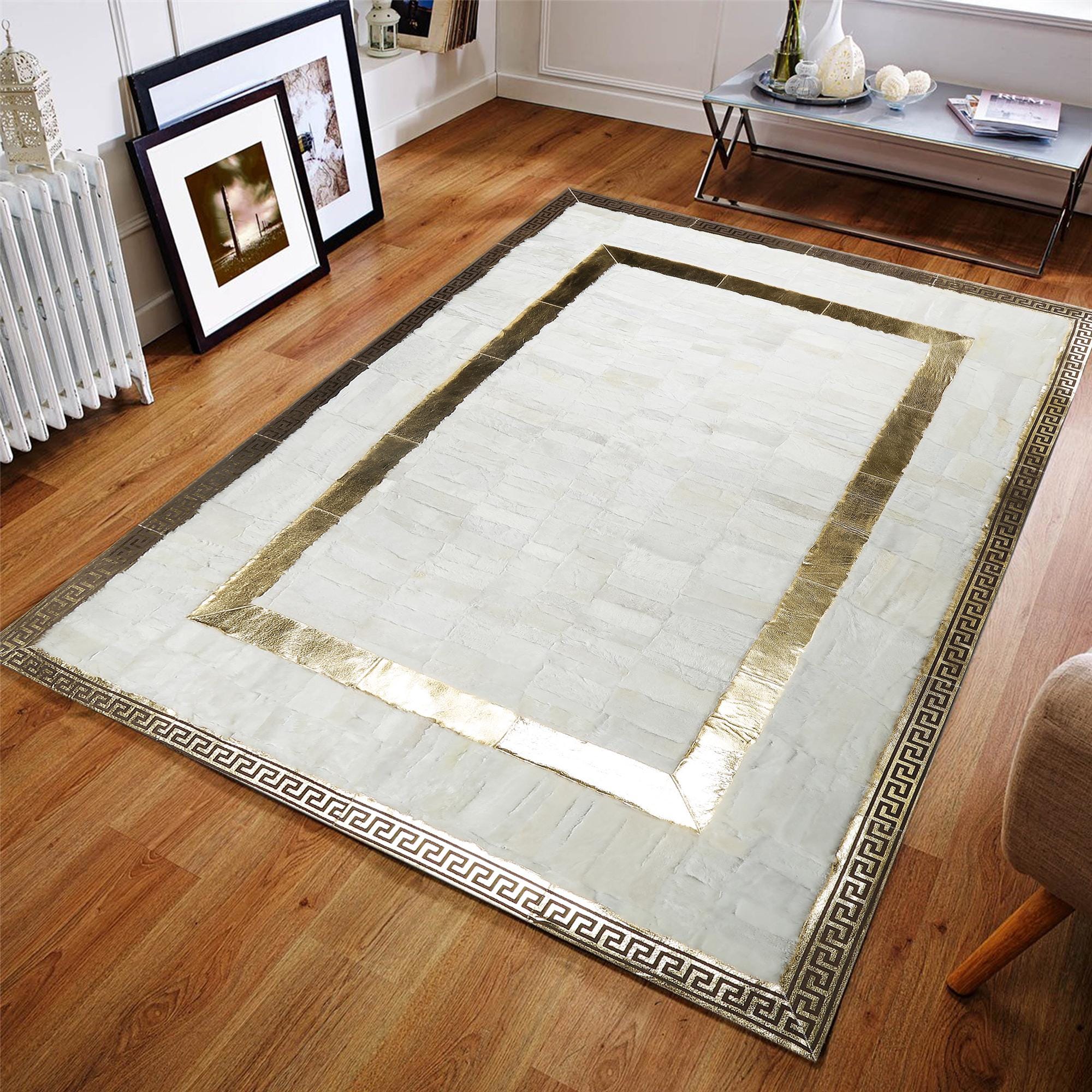 White Tuscan Fur Area Rug with Gold Border – Handmade Genuine Luxury Fur Carpet, Custom Size Elegant Living Room Rug, Modern Designer Style