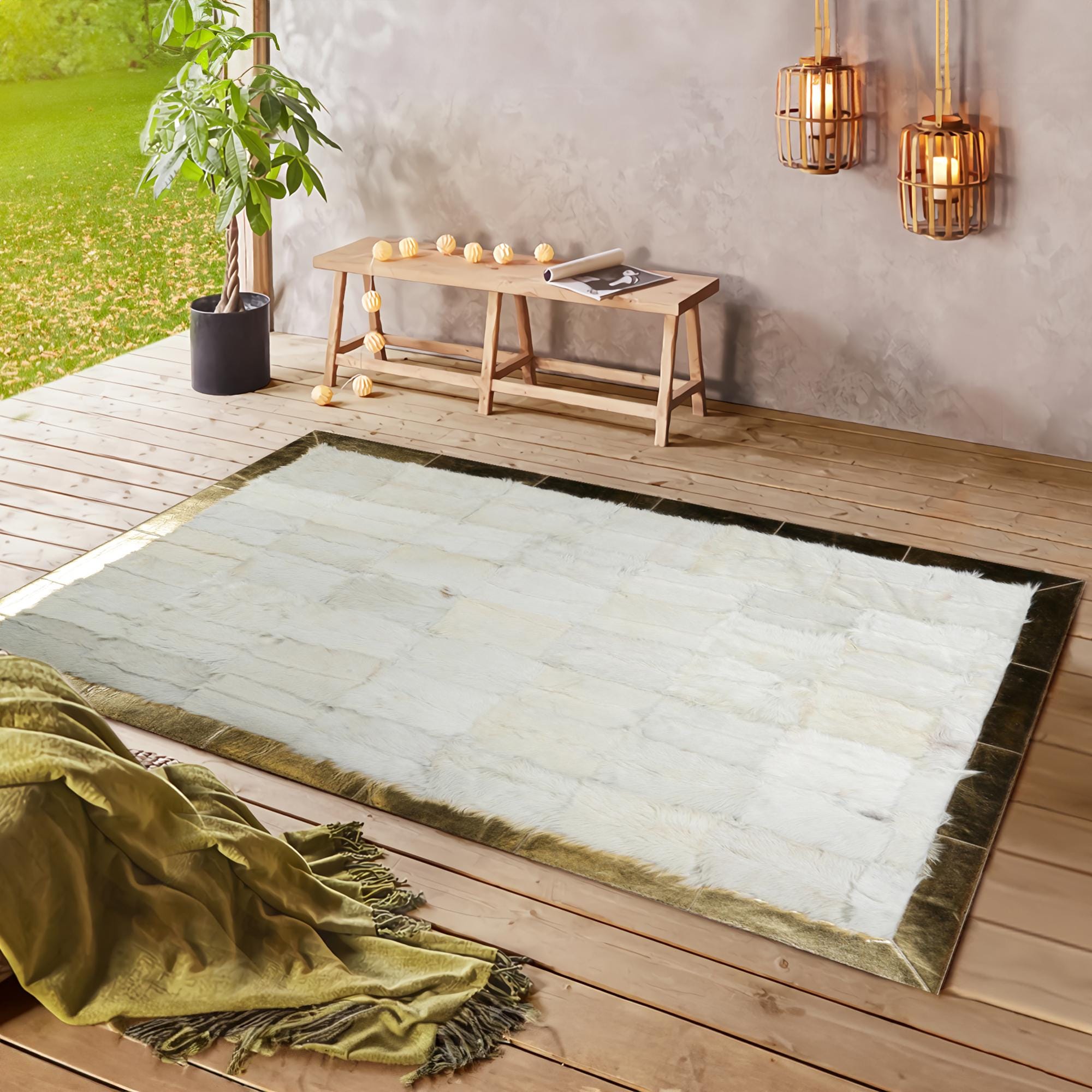 White Gold Border Plush Rug – Handmade Patchwork Area Carpet