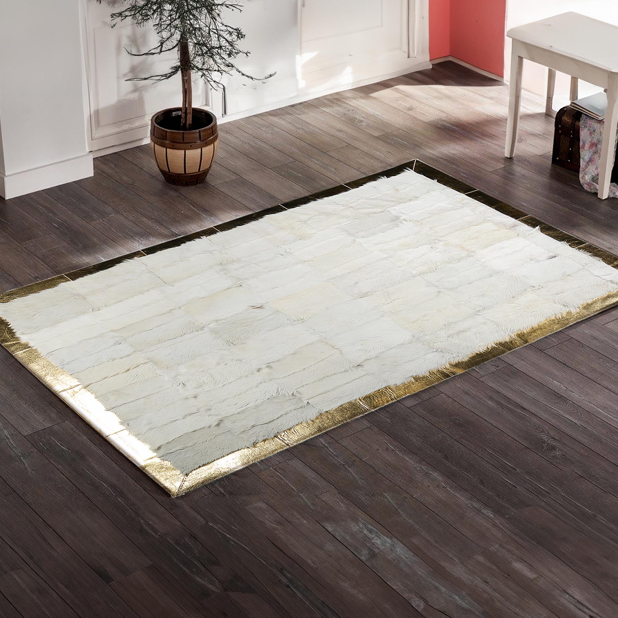 White Gold Border Plush Rug – Handmade Patchwork Area Carpet