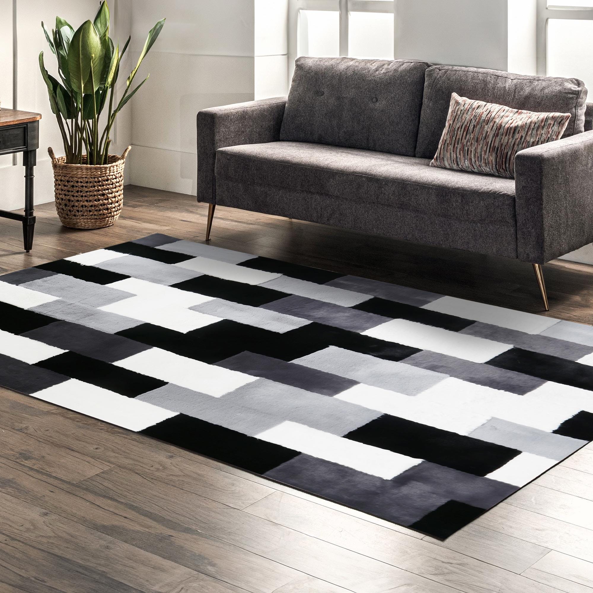 Black and White Patchwork Plush Area Rug