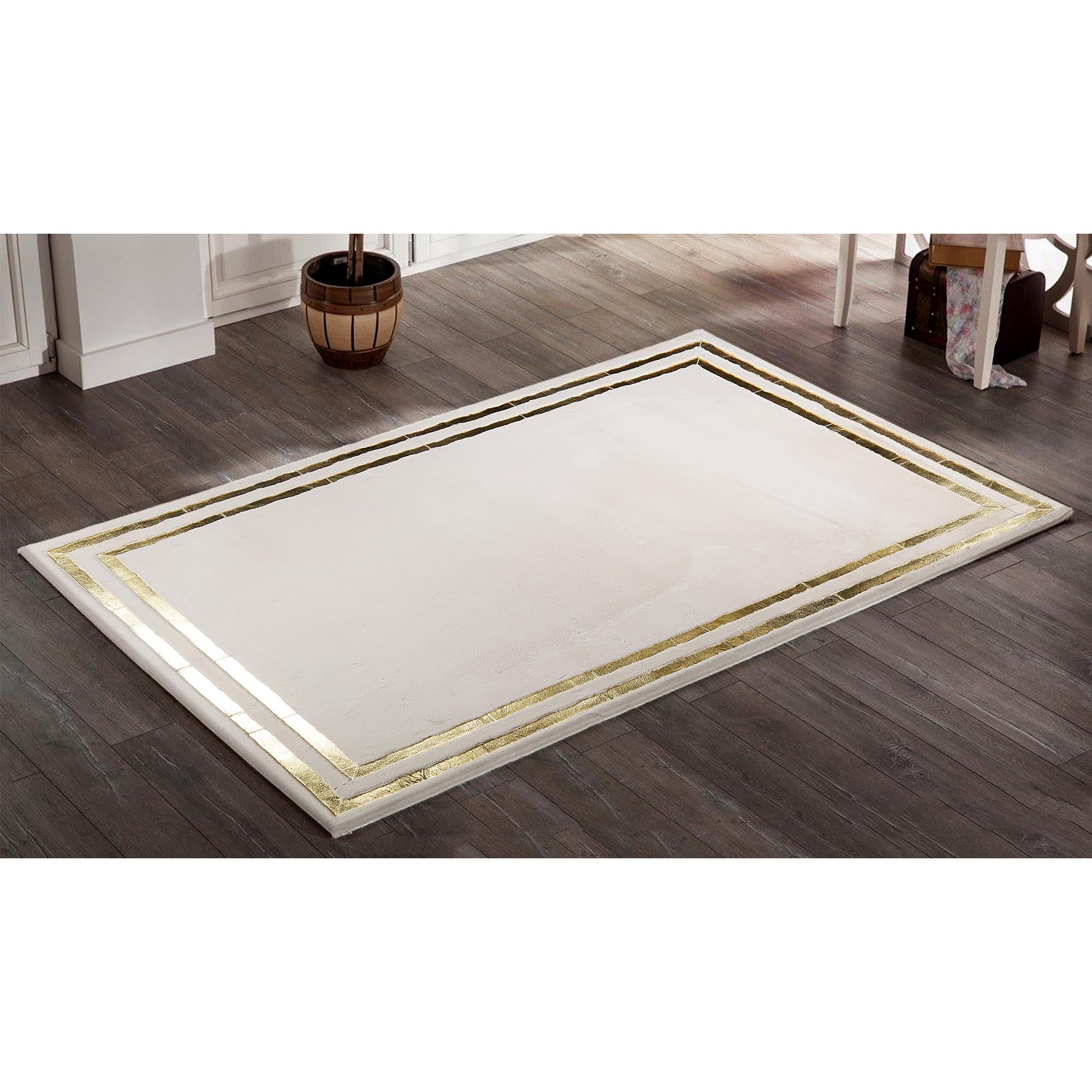 White Plush Area Rug with Gold Border