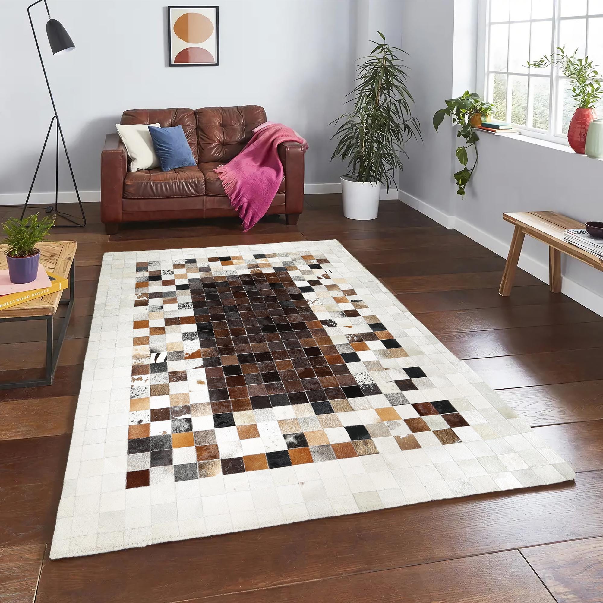 Cream Border Cowhide Patchwork Rug, Handmade Genuine Leather Carpet, Natural Brown and Black Cowhide Area Rug for Living Room