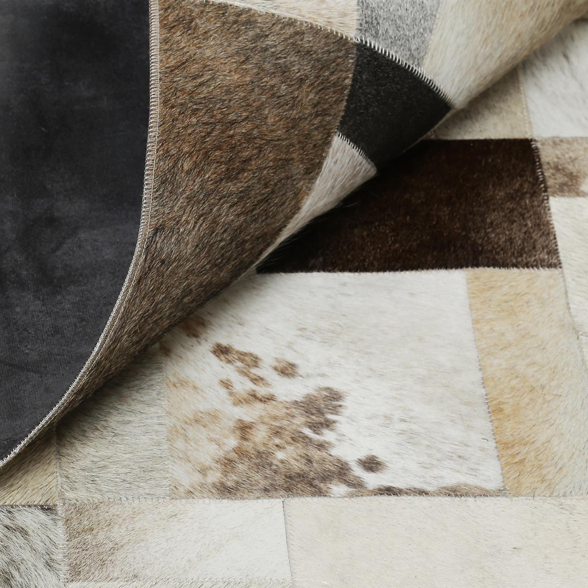 Beige and Brown Cowhide Patchwork Rug, Handmade Genuine Leather Area Carpet