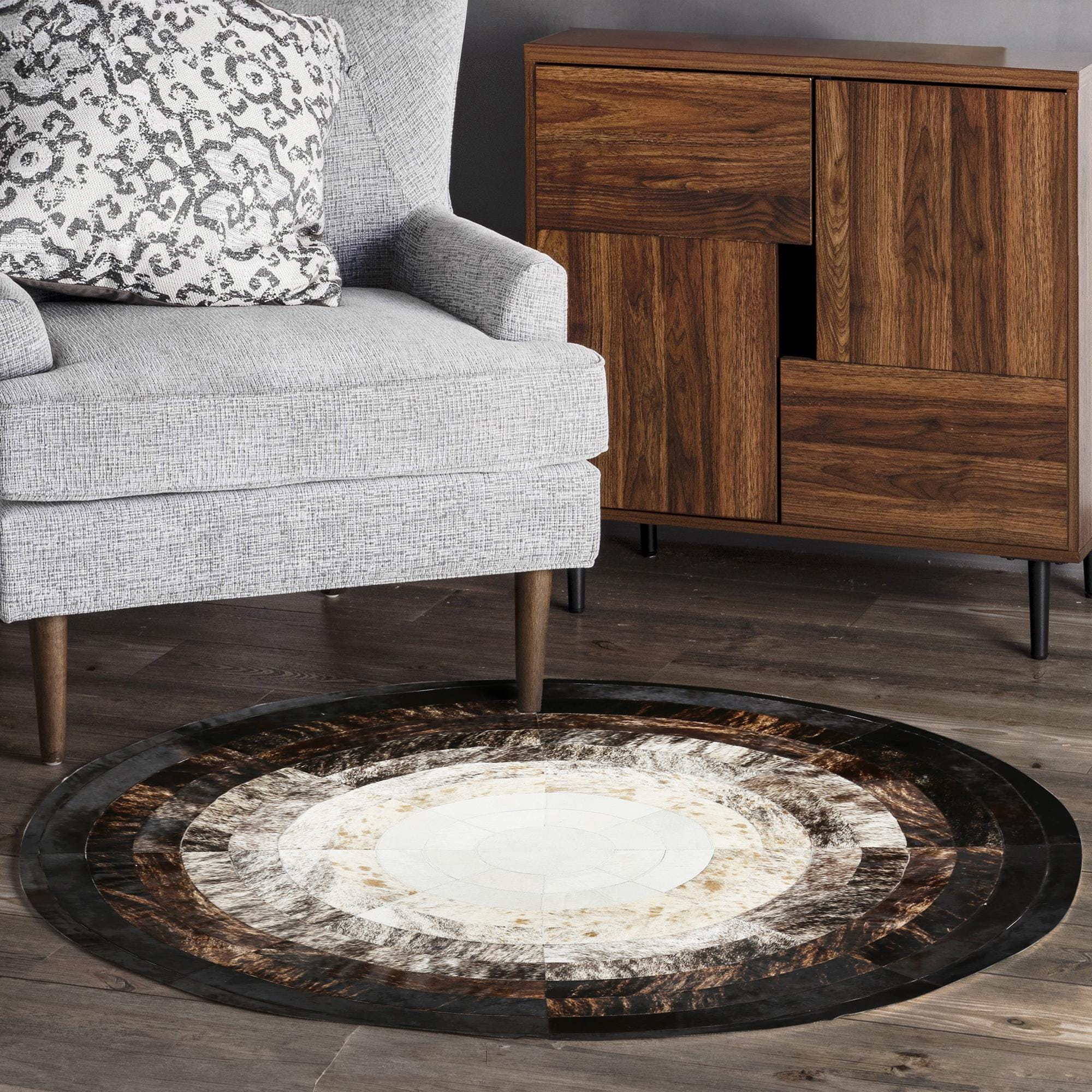 Round Brown and White Cowhide Rug, Handmade Patchwork Leather Carpet