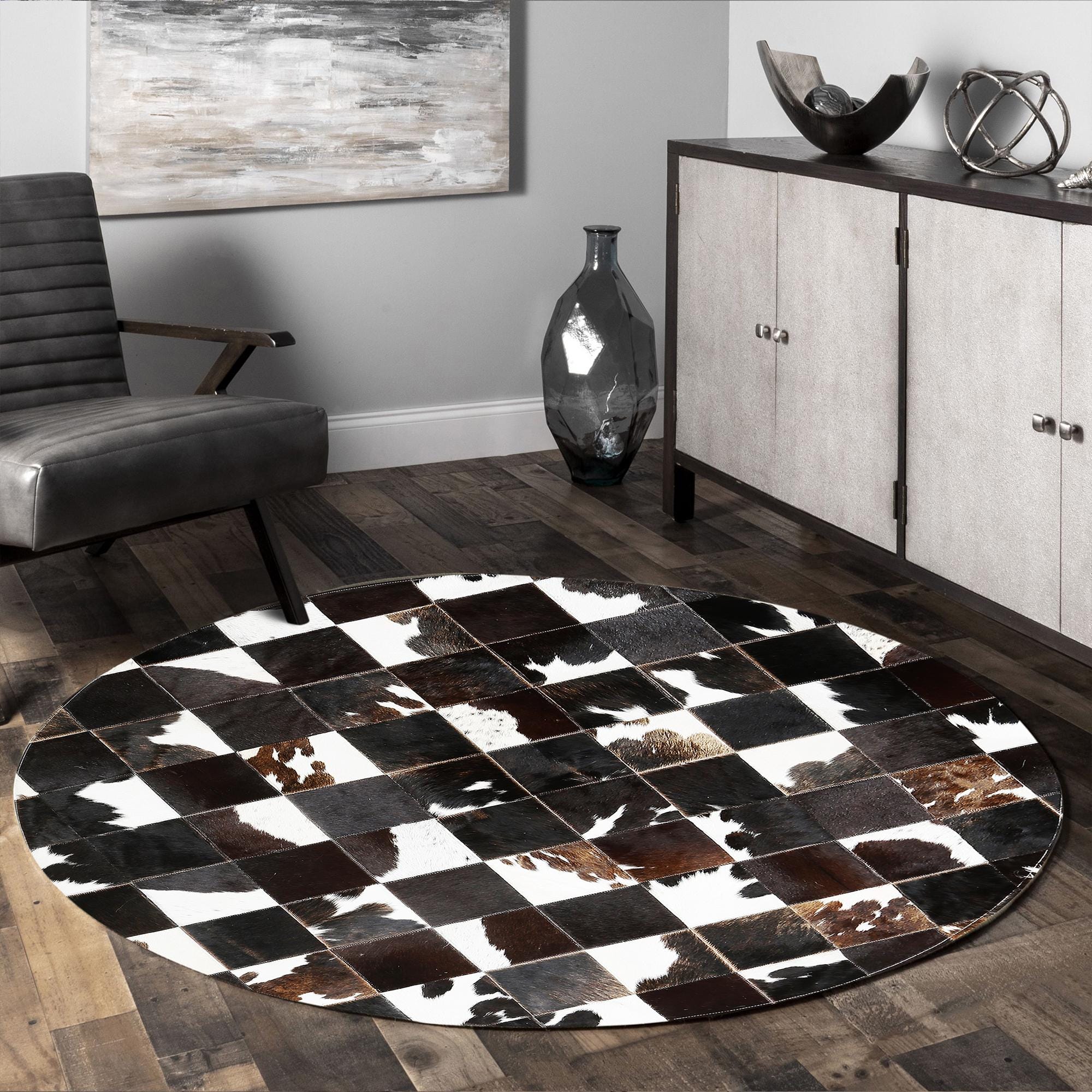 Round Patchwork Cowhide Rug, Brown and White Handmade Leather Carpet