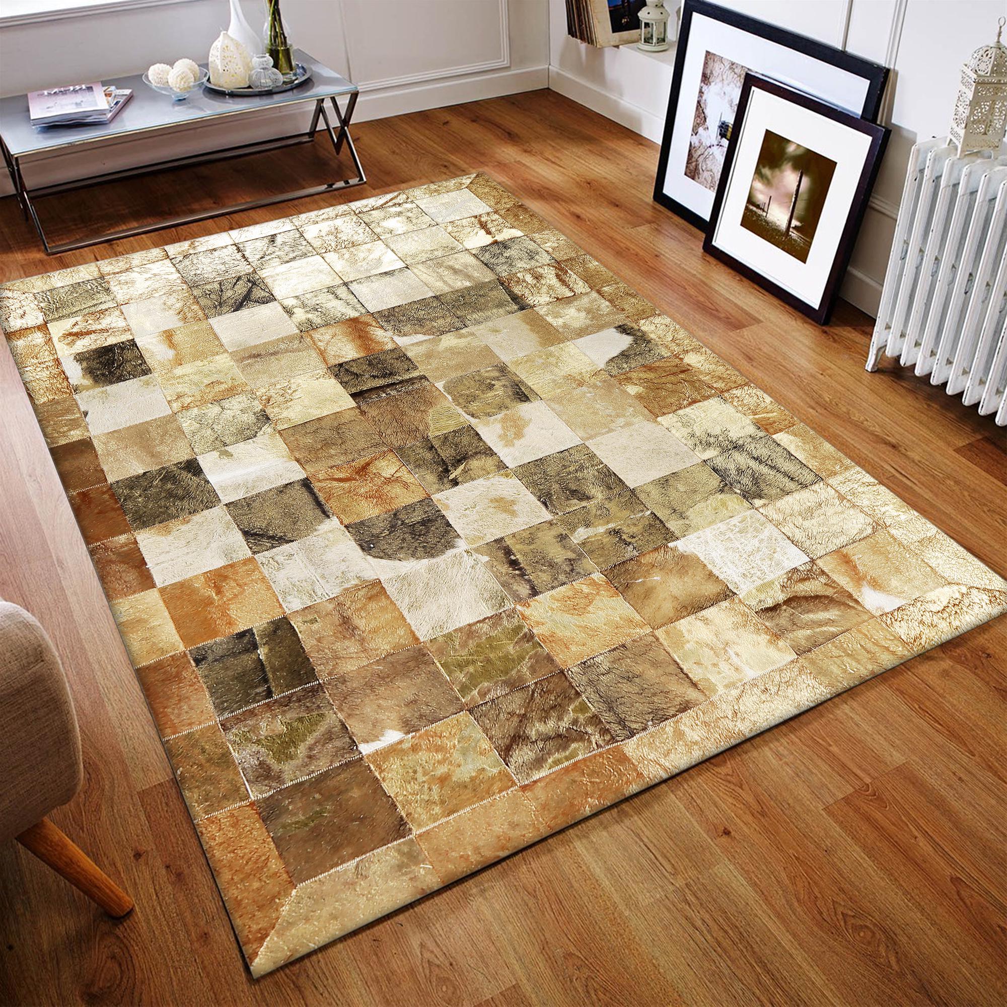 Gold Cowhide Patchwork Rug, Custom Size Living Room Area Rug
