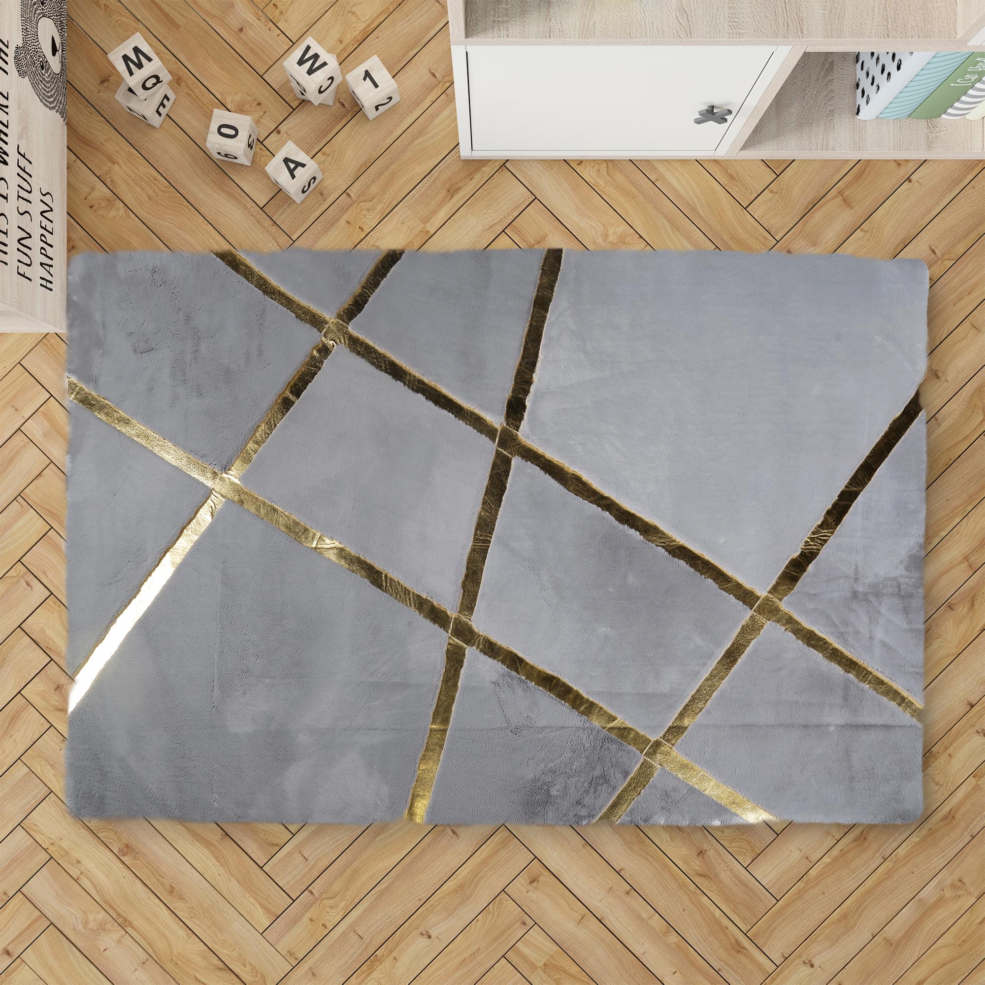 Gray Fur Plush Rug with Gold Stripes