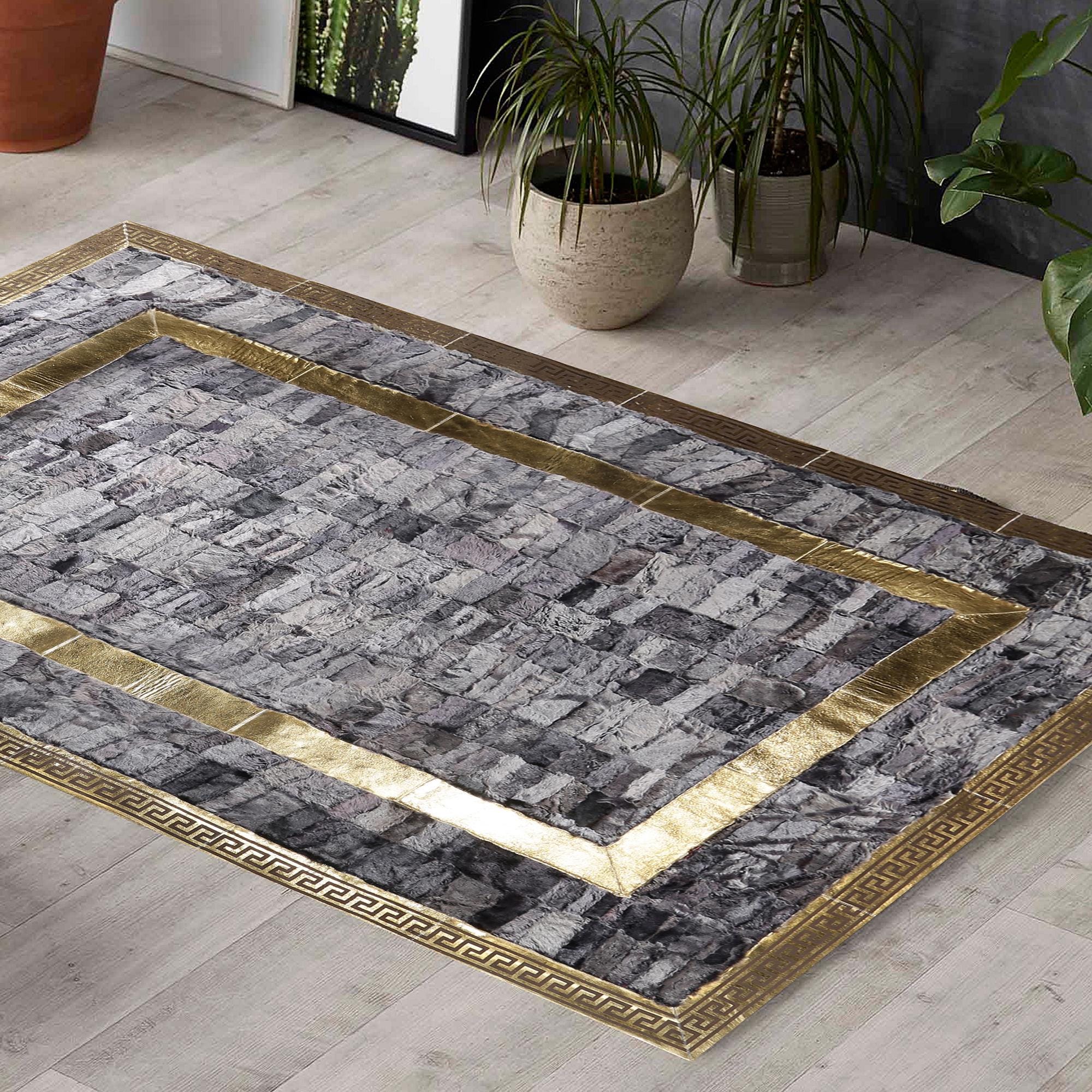 Brown Tuscan Leather Rug – Handmade Luxury Tuscan Carpet with Gold Border, Custom Size Genuine Leather Area Rug for Living Room