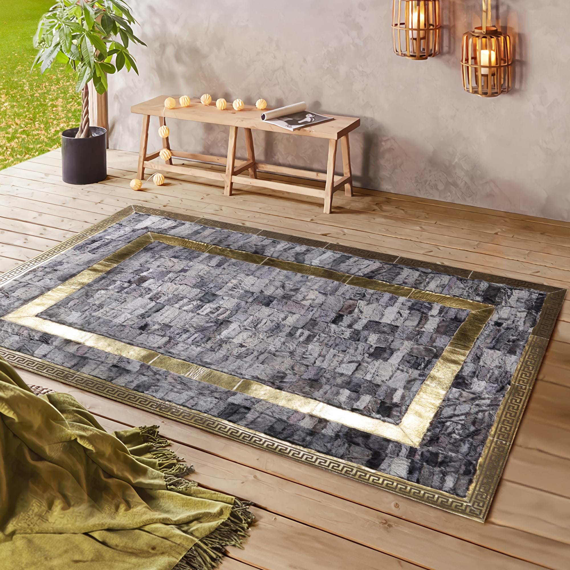 Brown Tuscan Leather Rug – Handmade Luxury Tuscan Carpet with Gold Border, Custom Size Genuine Leather Area Rug for Living Room
