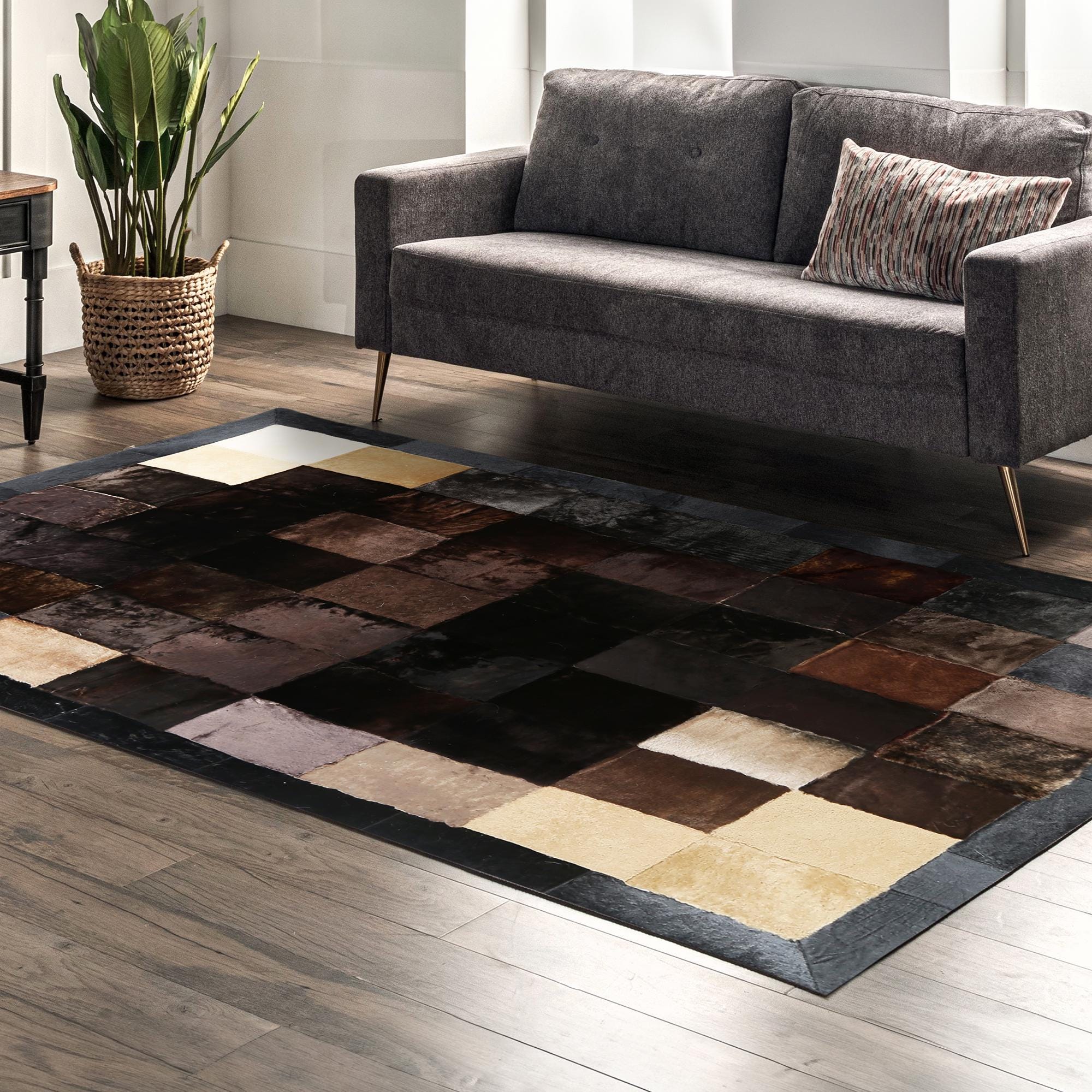 Dark Brown Cowhide Patchwork Rug, Handmade Genuine Leather Area Carpet, Natural Cowhide Rug