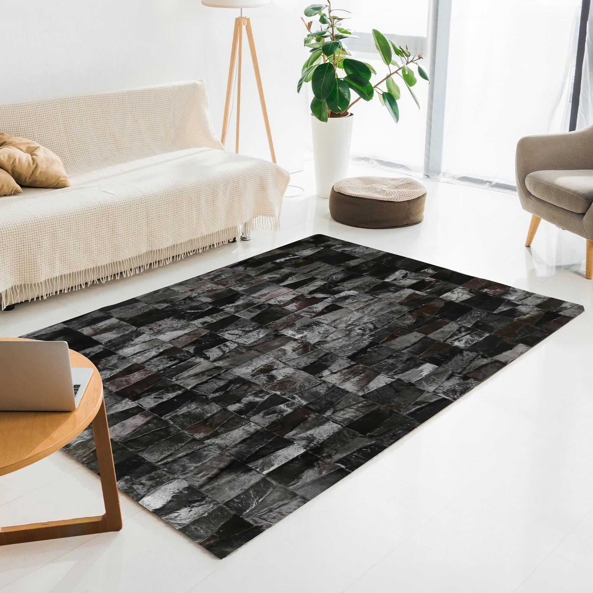 Black Sealskin Patchwork Rug – Handmade Luxury Modern Area Carpet, Custom Size Area Carpet