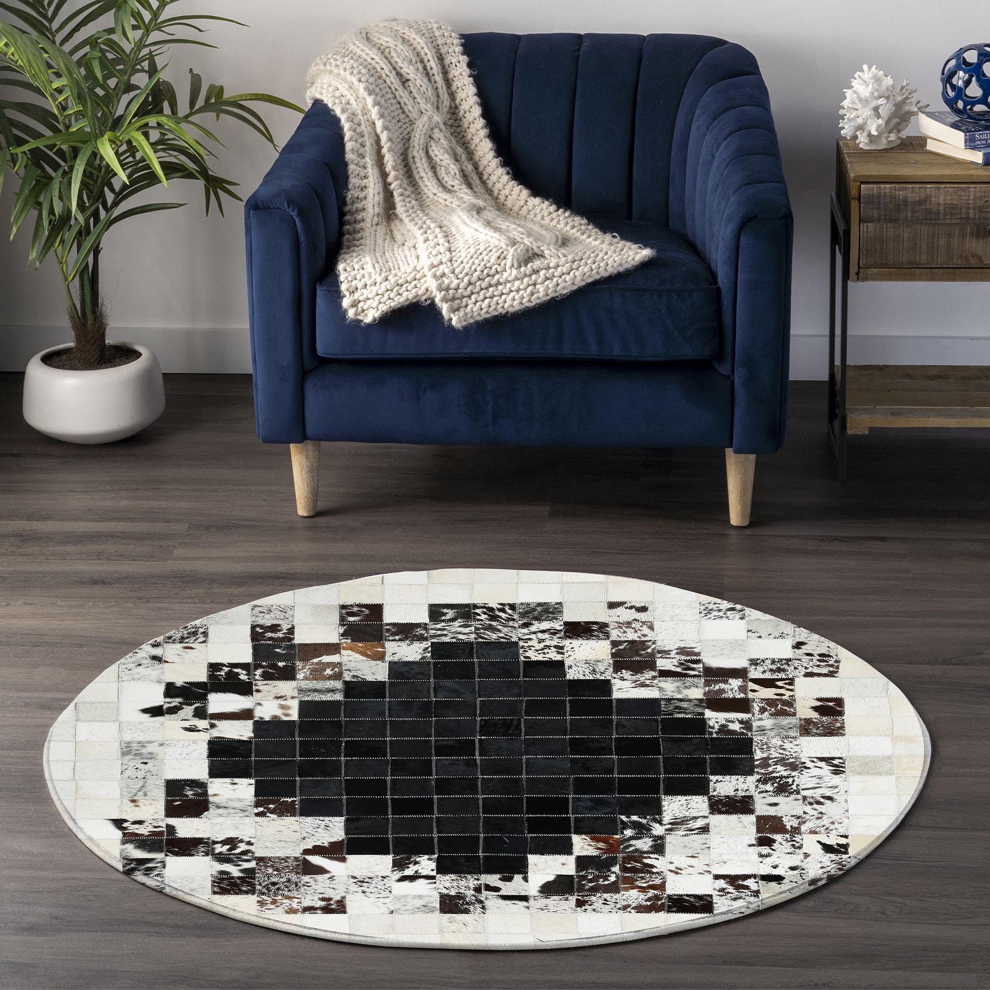 Round Cowhide Rug – Handmade Black White Patchwork Leather Area Rug