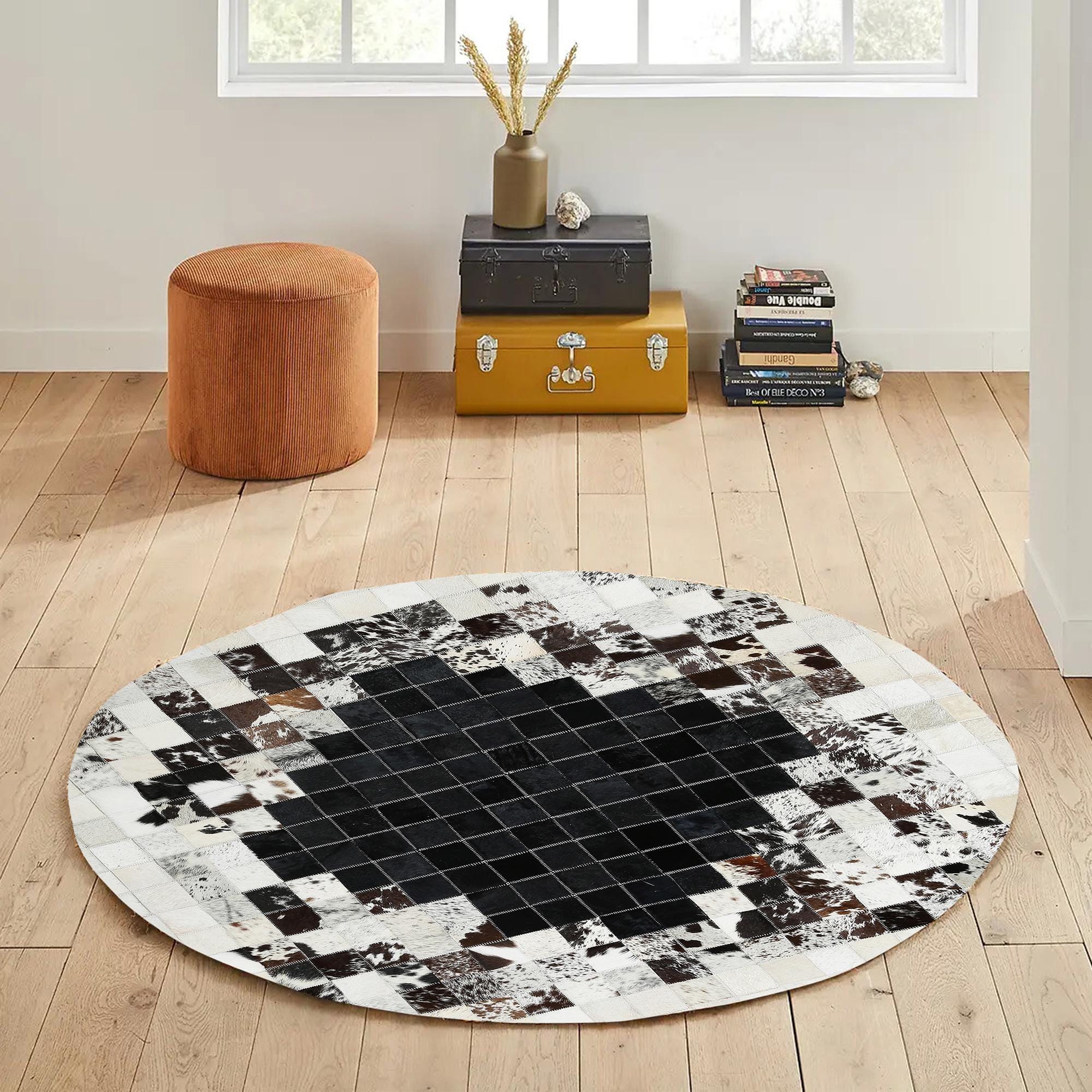 Round Cowhide Rug – Handmade Black White Patchwork Leather Area Rug