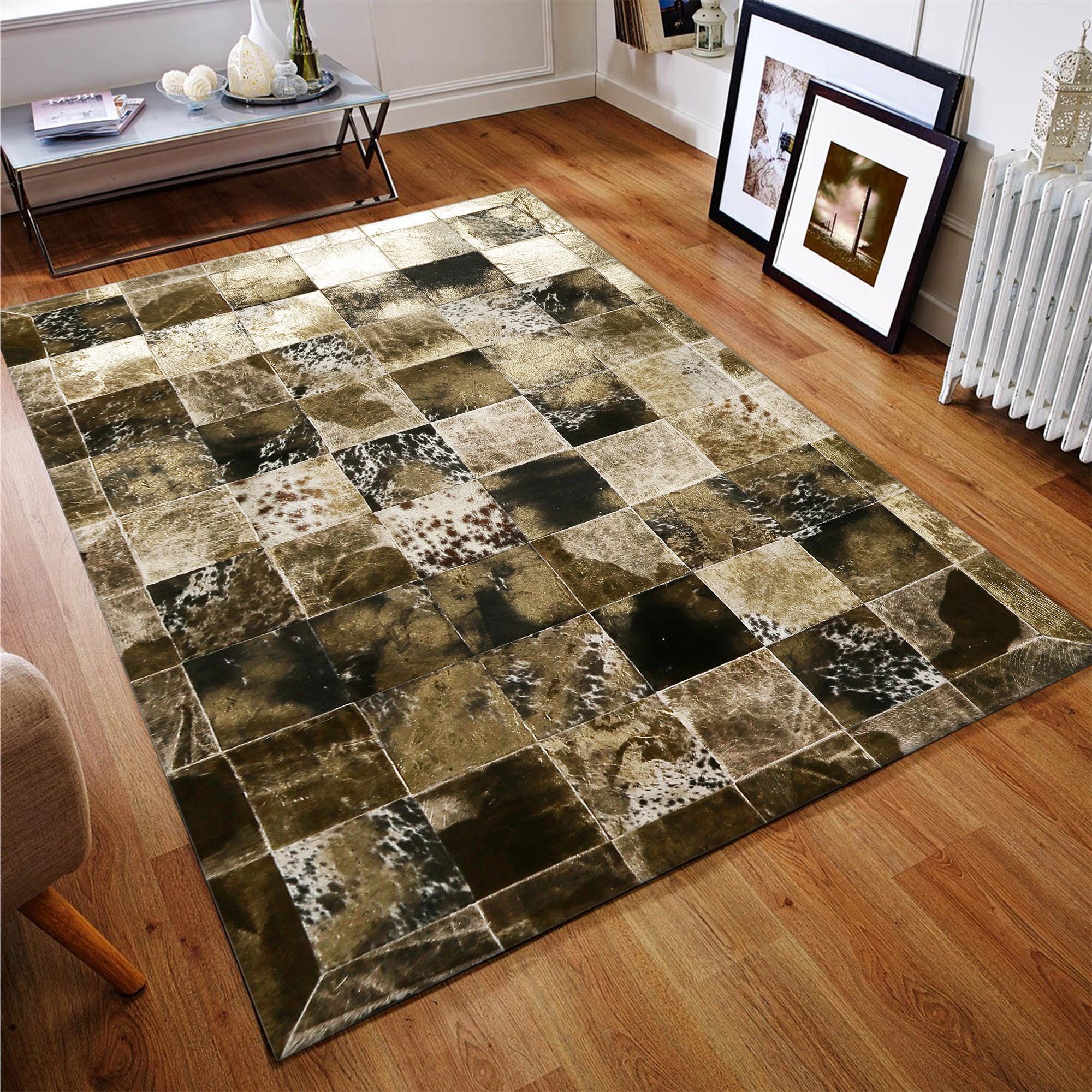 Gold and Brown Cowhide Patchwork Rug, Handmade Genuine Leather Area Carpet, Natural Cowhide Rug for Elegant Living Room Decor
