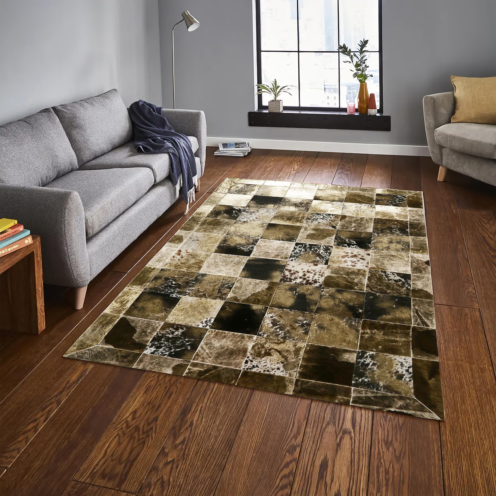 Gold and Brown Cowhide Patchwork Rug, Handmade Genuine Leather Area Carpet, Natural Cowhide Rug for Elegant Living Room Decor