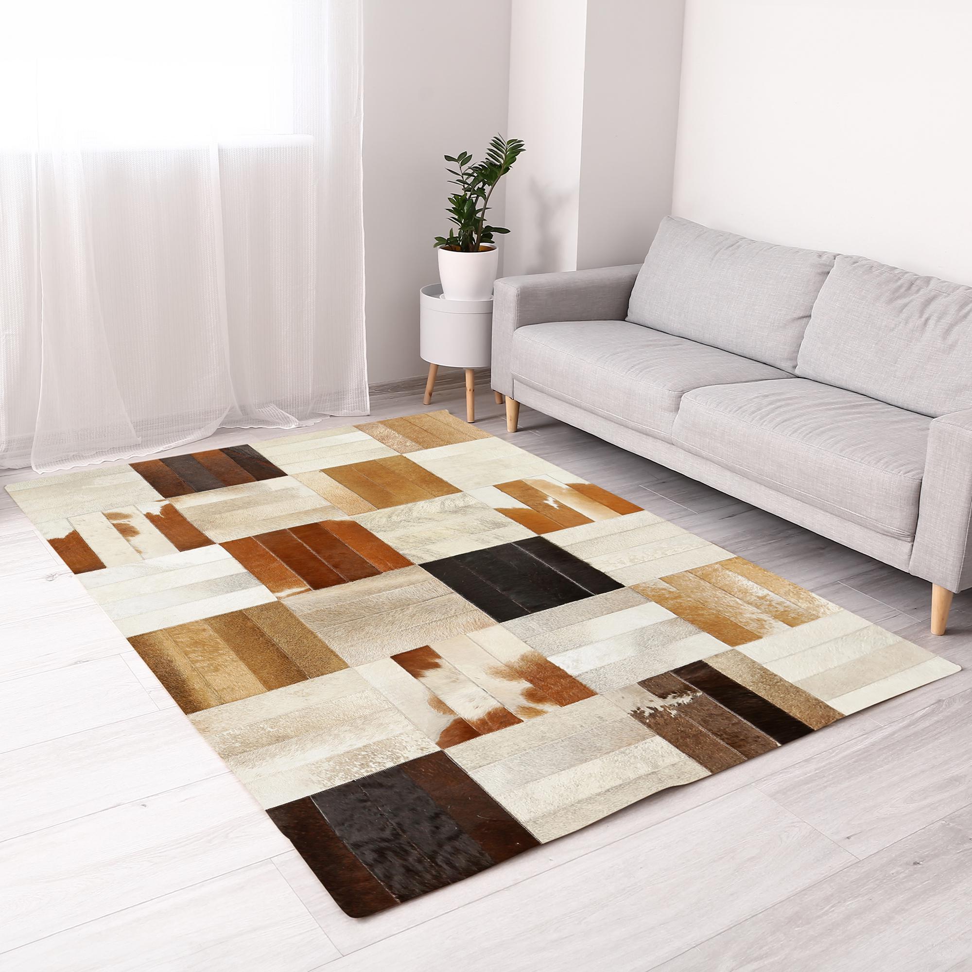 Genuine Cowhide Brown & Cream Patchwork Rug, Large Living Room Carpet